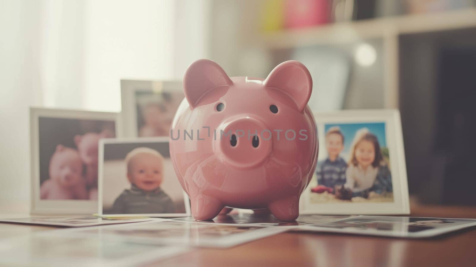 A pink piggy bank sits among family photos on a wooden table, symbolizing savings for family and future generations. the cozy home background adds warmth and a sense of nostalgia, the importance of financial planning.