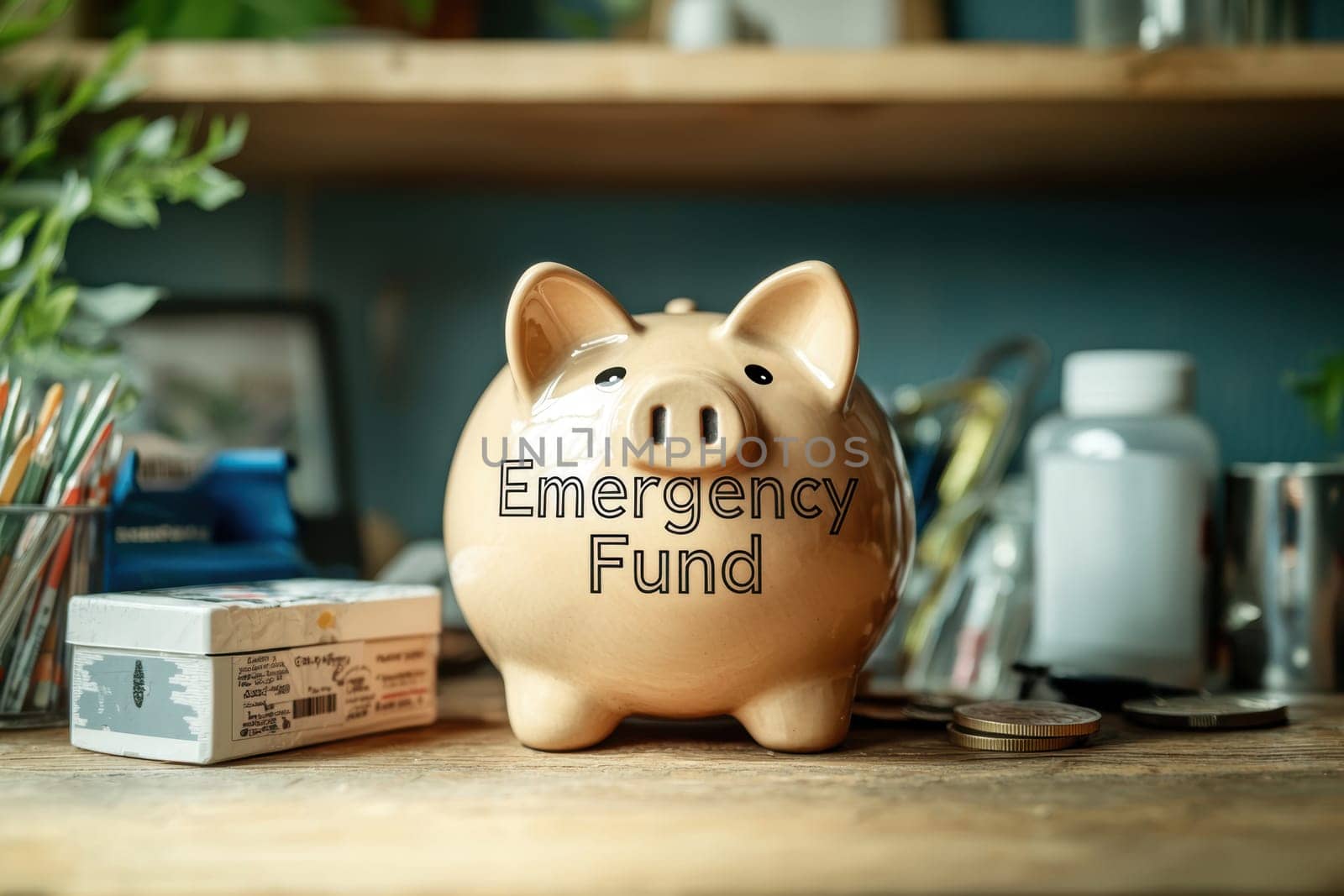Piggy bank labeled "emergency fund" sits on a desk surrounded by a first aid kit and essential supplies, symbolizing financial readiness and security. set against a backdrop of a cozy home office, it highlights the importance of saving.