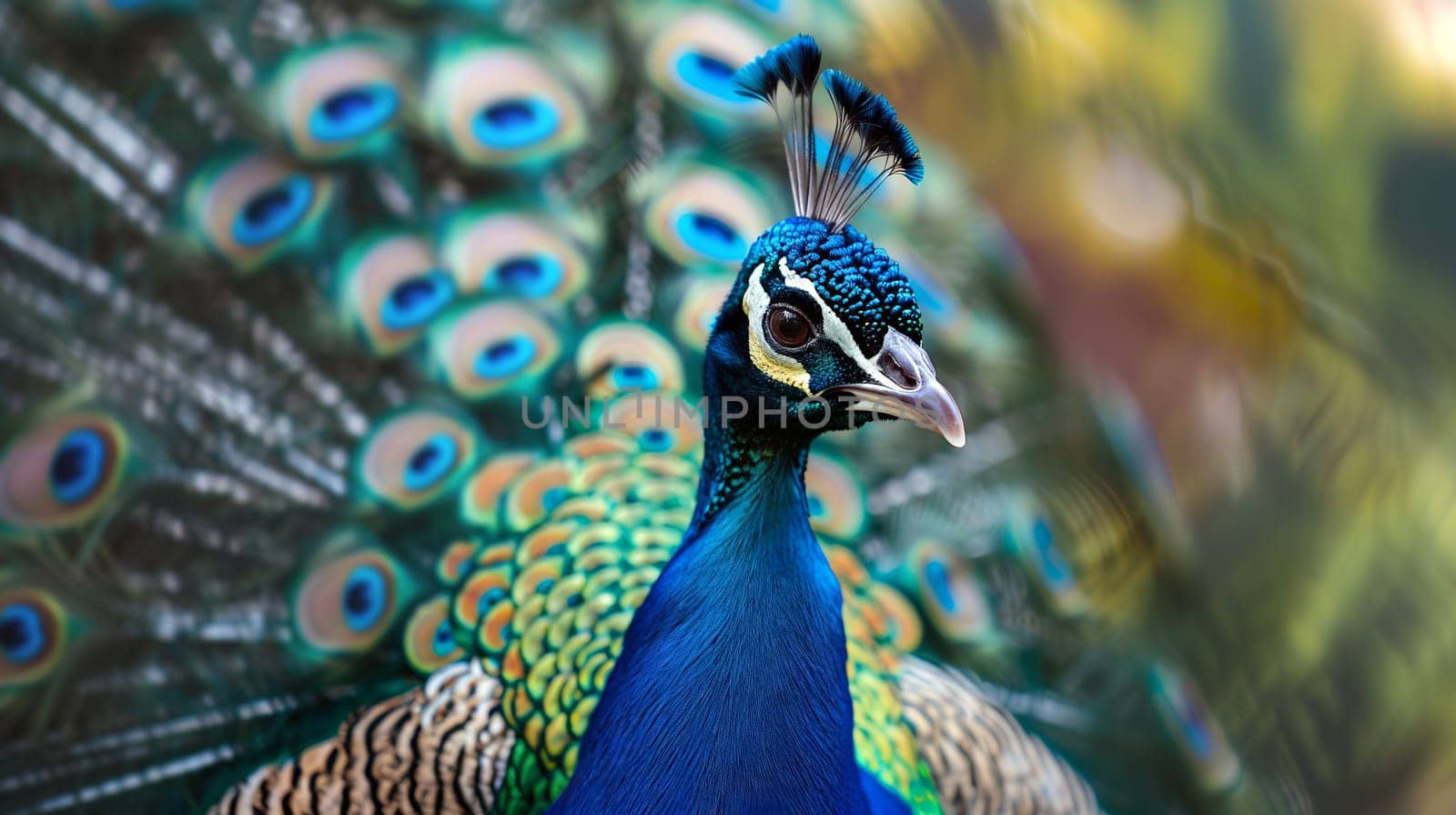The peacock proudly showcases its iridescent plumage among vibrant greenery, basking in the warm sunlight of a beautiful day - Generative AI
