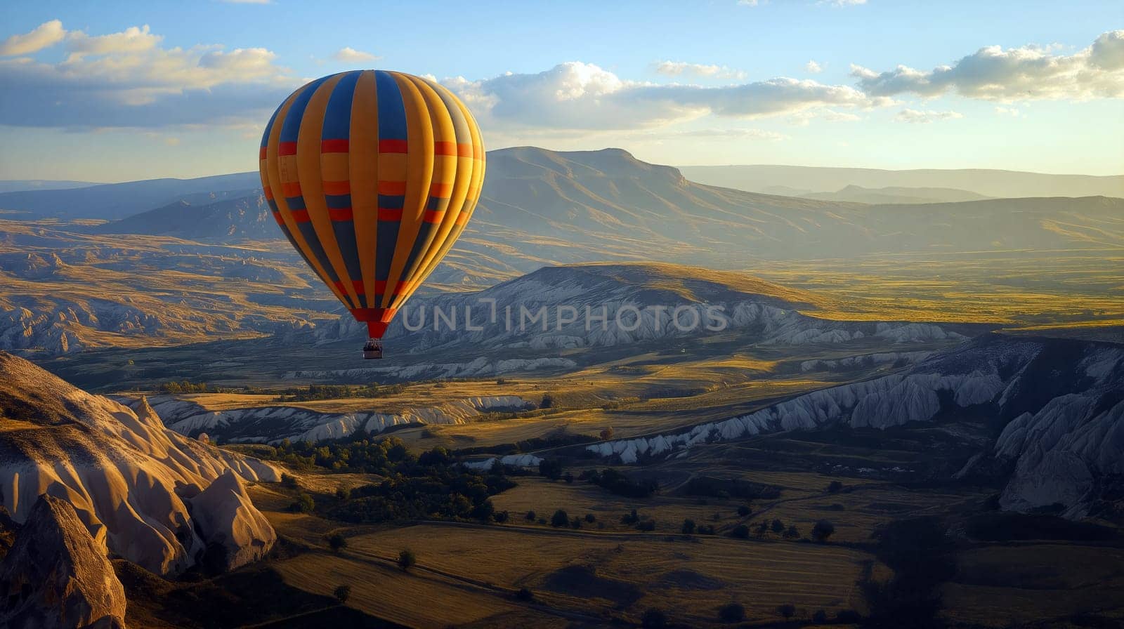 A vibrant hot air balloon floats gracefully above Cappadocia's unique rock formations and valleys, illuminated by the warm glow of sunset - Generative AI