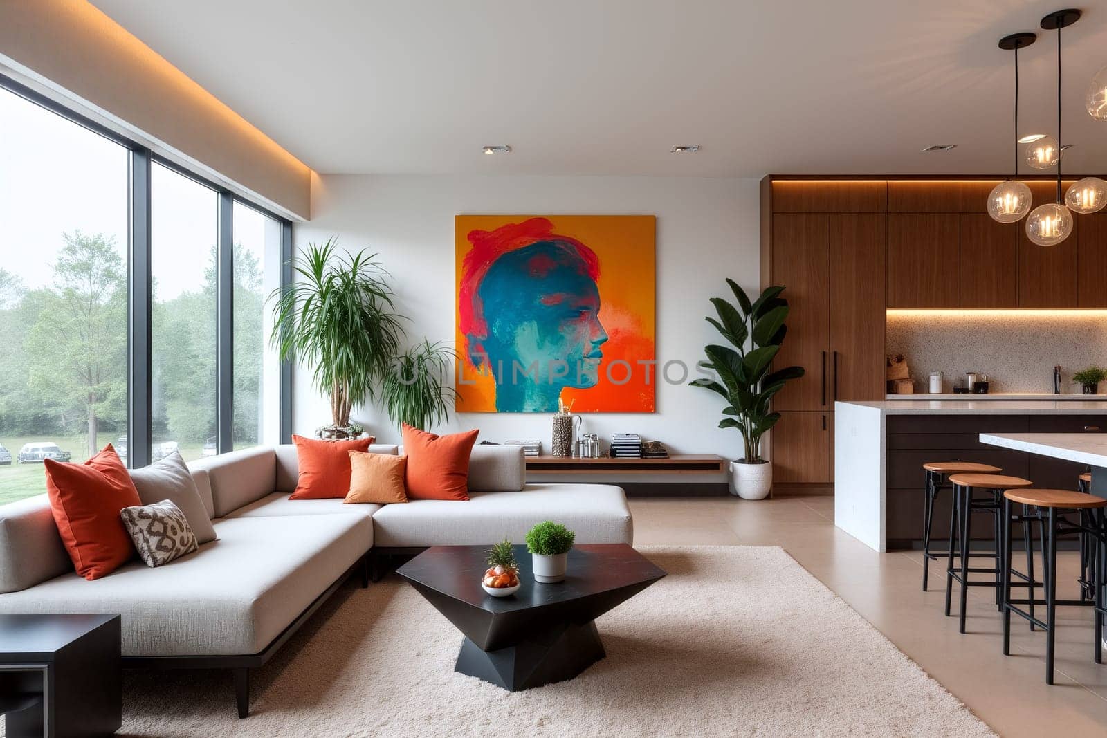 A beautifully designed living room features a large, colorful portrait, plush seating with orange accents, and ample natural light streaming through large windows.