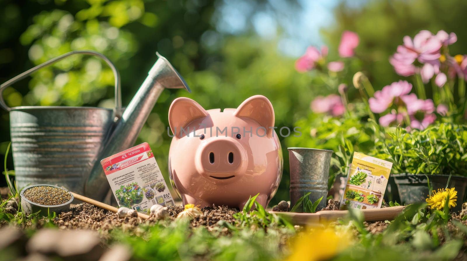 Piggy bank surrounded by gardening tools, seed packets, and a watering can, set in a vibrant, blooming garden. represents saving for eco-friendly projects, with a focus on sustainable living and financial planning for landscaping.