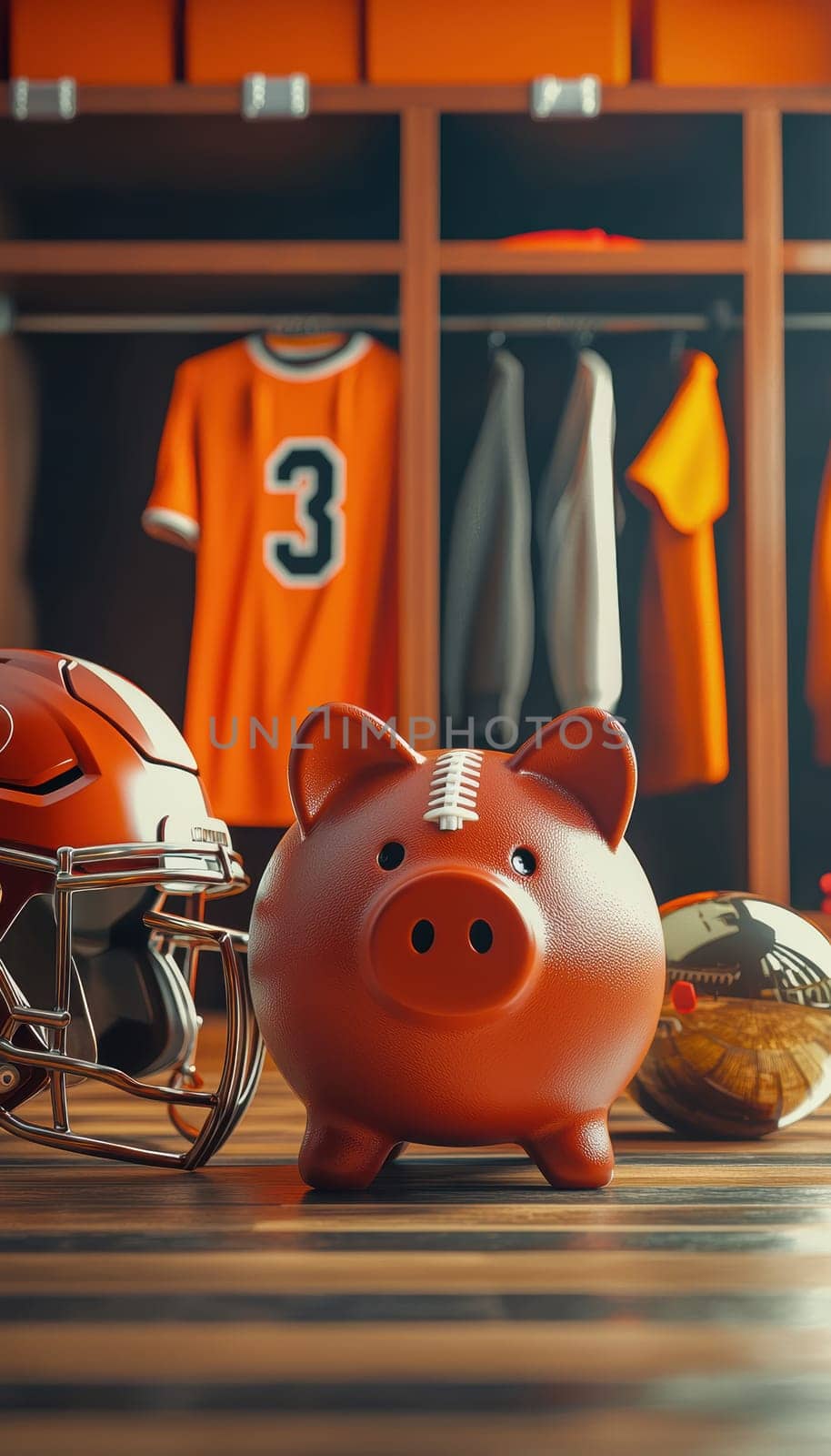 Piggy bank shaped like a football surrounded by sports memorabilia, including a helmet, jersey, and trophy, symbolizing saving for sports-related expenses. set in a vibrant locker room setting with bright colors.