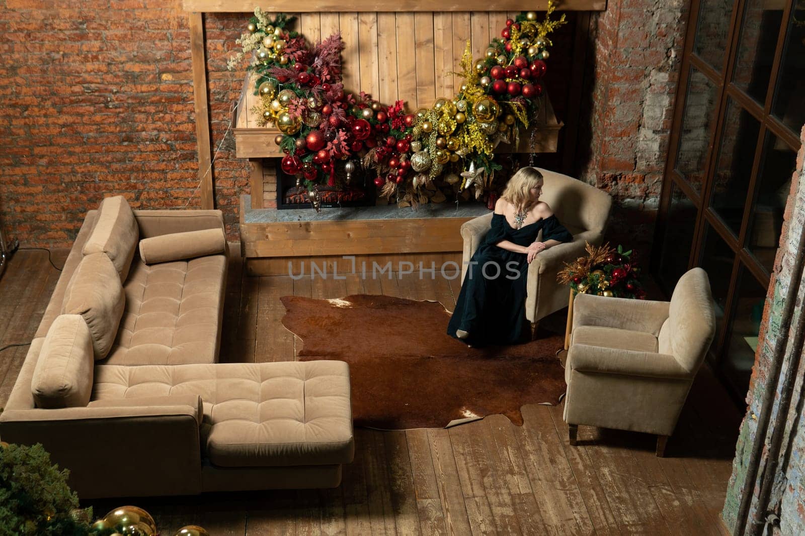 christmas home fireplace woman alone cozy year young new celebration girl holiday tree