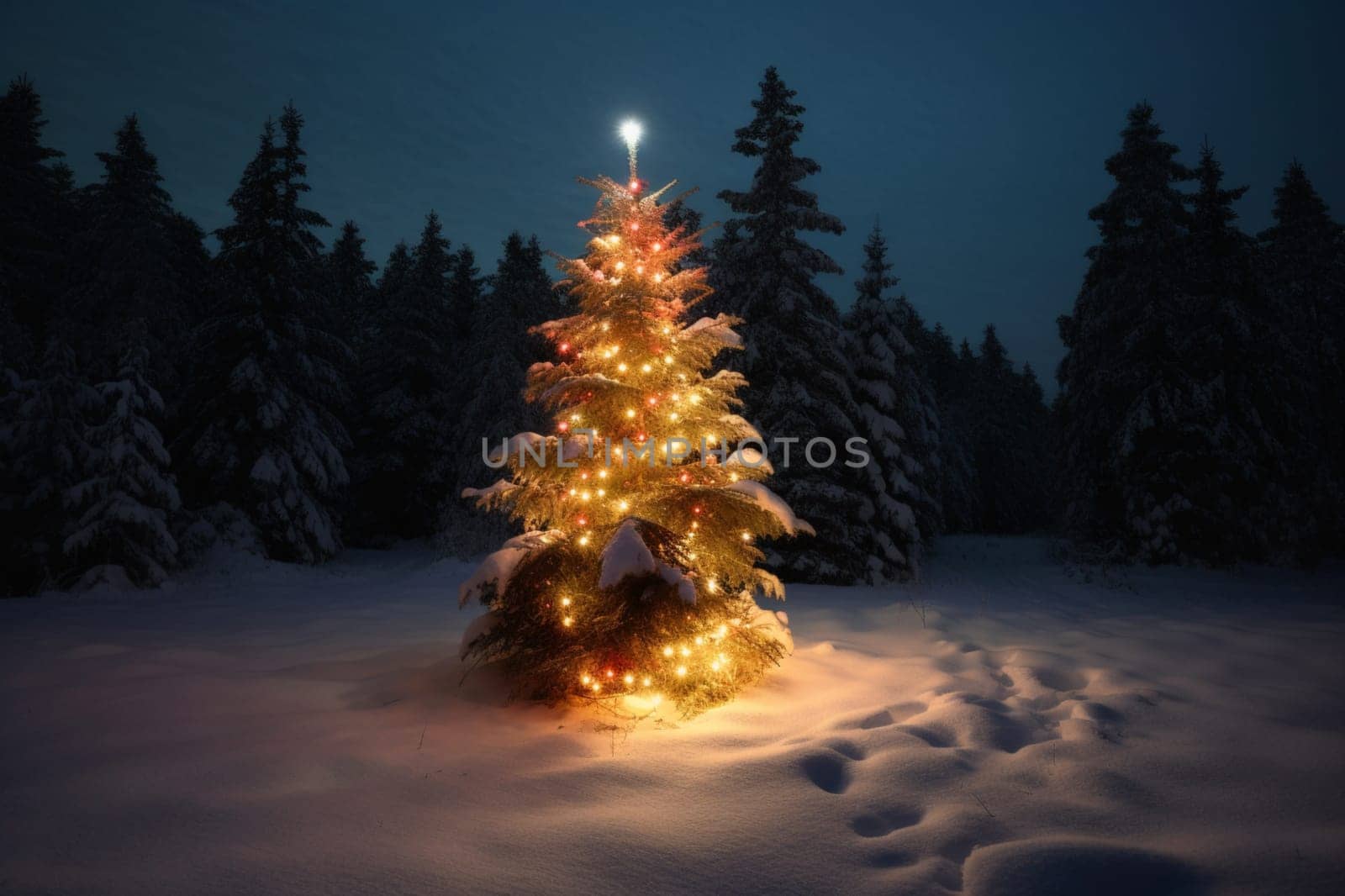 A Christmas tree is lit up in the snow. The tree is surrounded by trees and the snow is deep. The scene is peaceful and serene
