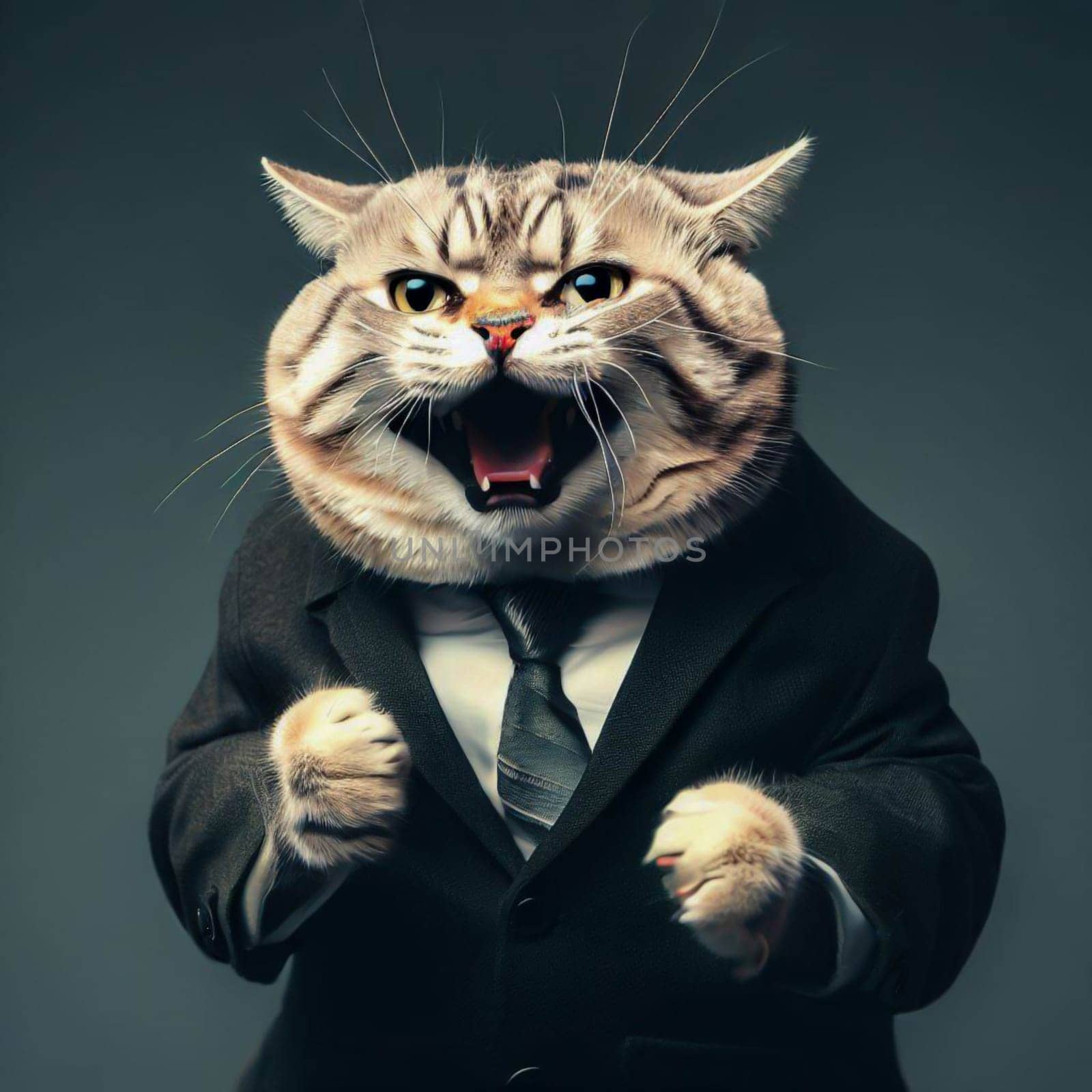 A cat wearing a suit and tie is shown with its mouth open, as if it is yelling. The image has a humorous and playful mood, as it is not a typical scene of a cat wearing a suit and tie