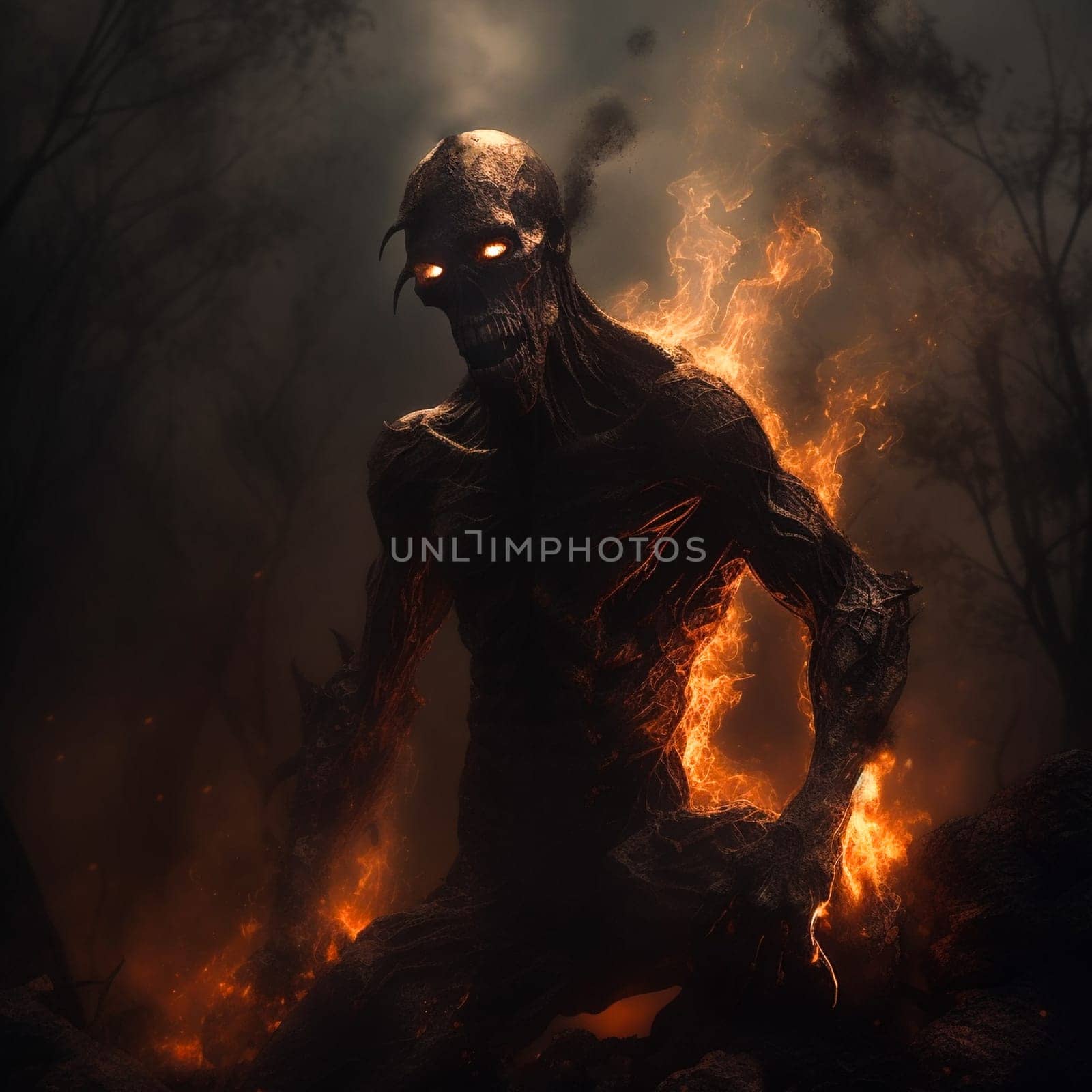A man with glowing red eyes stands in front of a fire. The fire is orange and yellow, and it seems to be growing larger. The man is a monster or a creature from another world