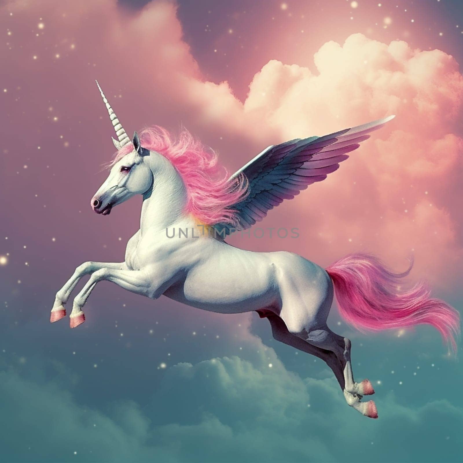 A unicorn with pink hair and wings is flying through the sky. The image has a whimsical and magical feel to it, with the unicorn being the main focus of the scene