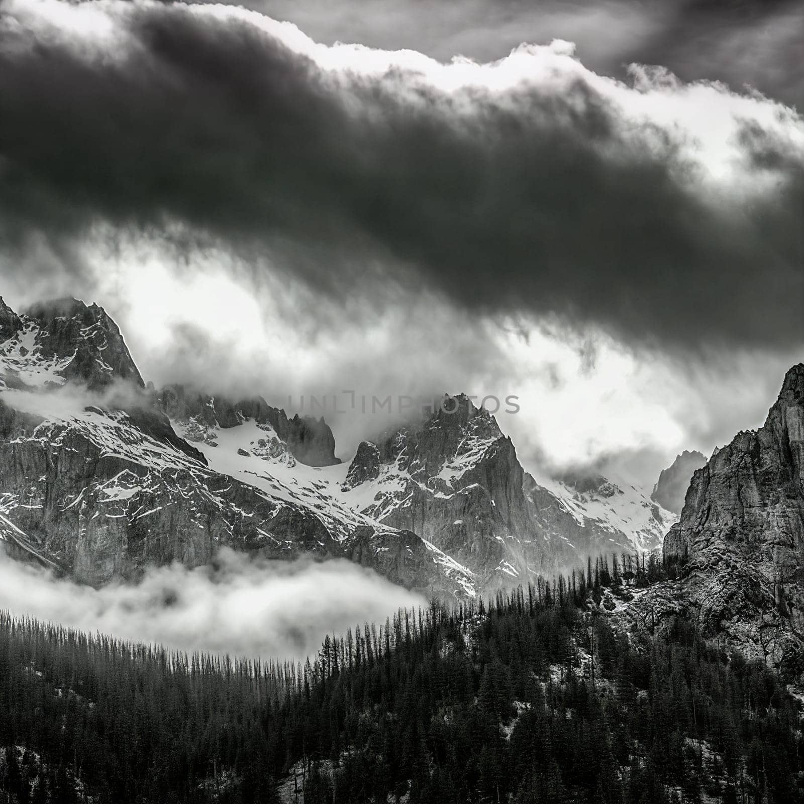 A mountain range covered in snow and clouds. The sky is dark and gloomy, and the mountains are shrouded in mist. The scene is serene and peaceful, but also somewhat ominous