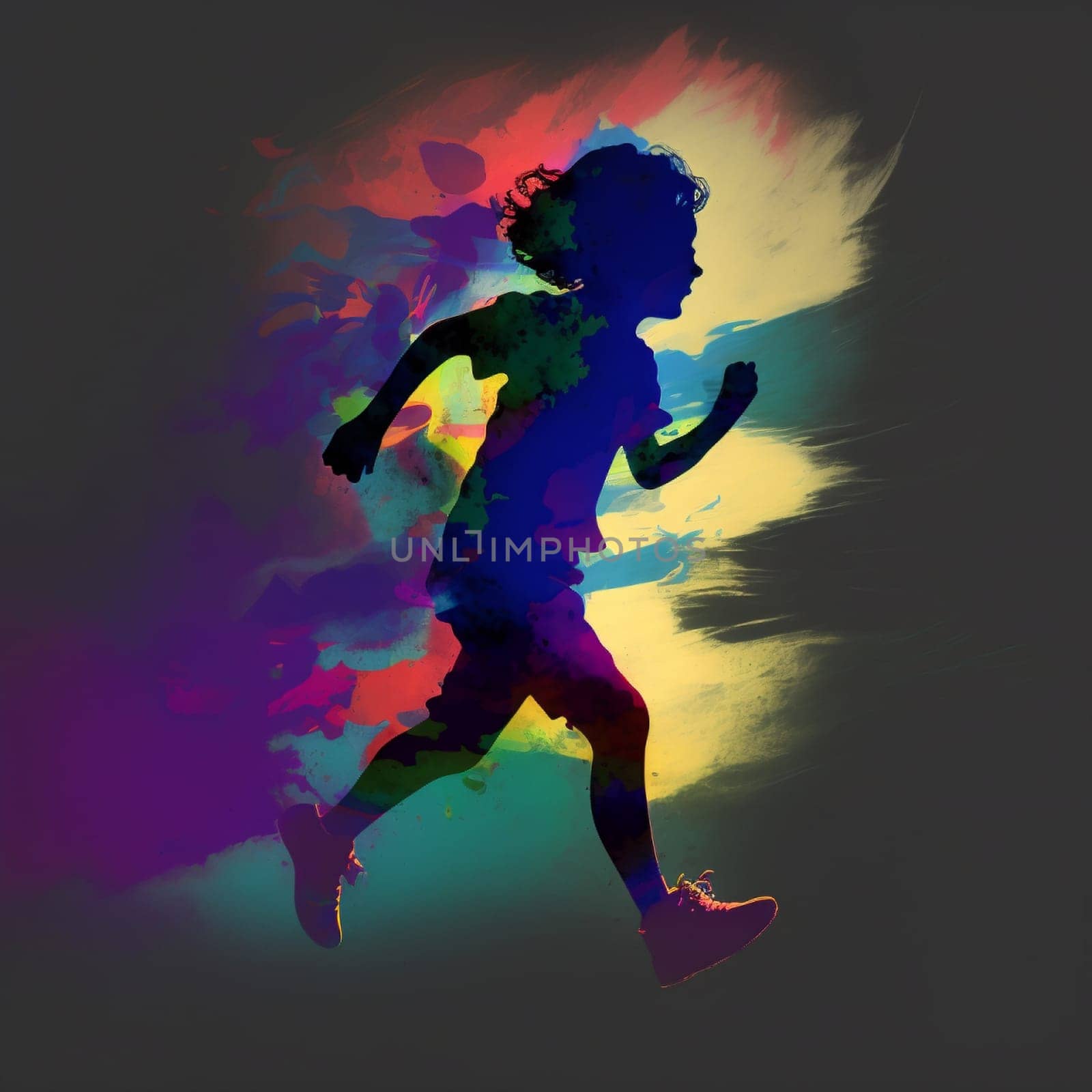 A child is running in a colorful background. Concept of energy and excitement, as the child's silhouette is the main focus and the vibrant colors of the background add to the dynamic atmosphere