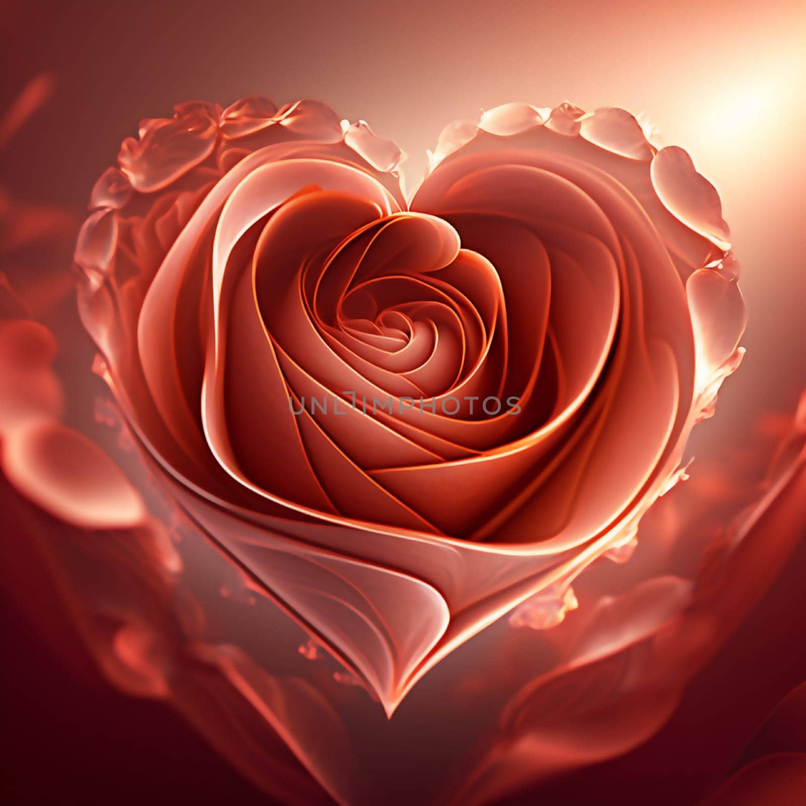 A red rose with a heart shape is the main focus of the image. The rose is surrounded by a blurry background, giving it a dreamy and romantic feel