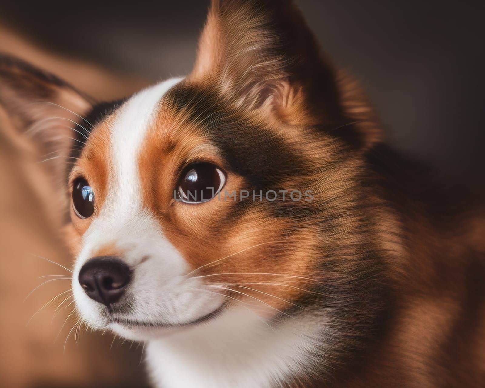 A brown and white dog with brown eyes is staring at the camera. The dog's fur is fluffy and it has a happy expression on its face