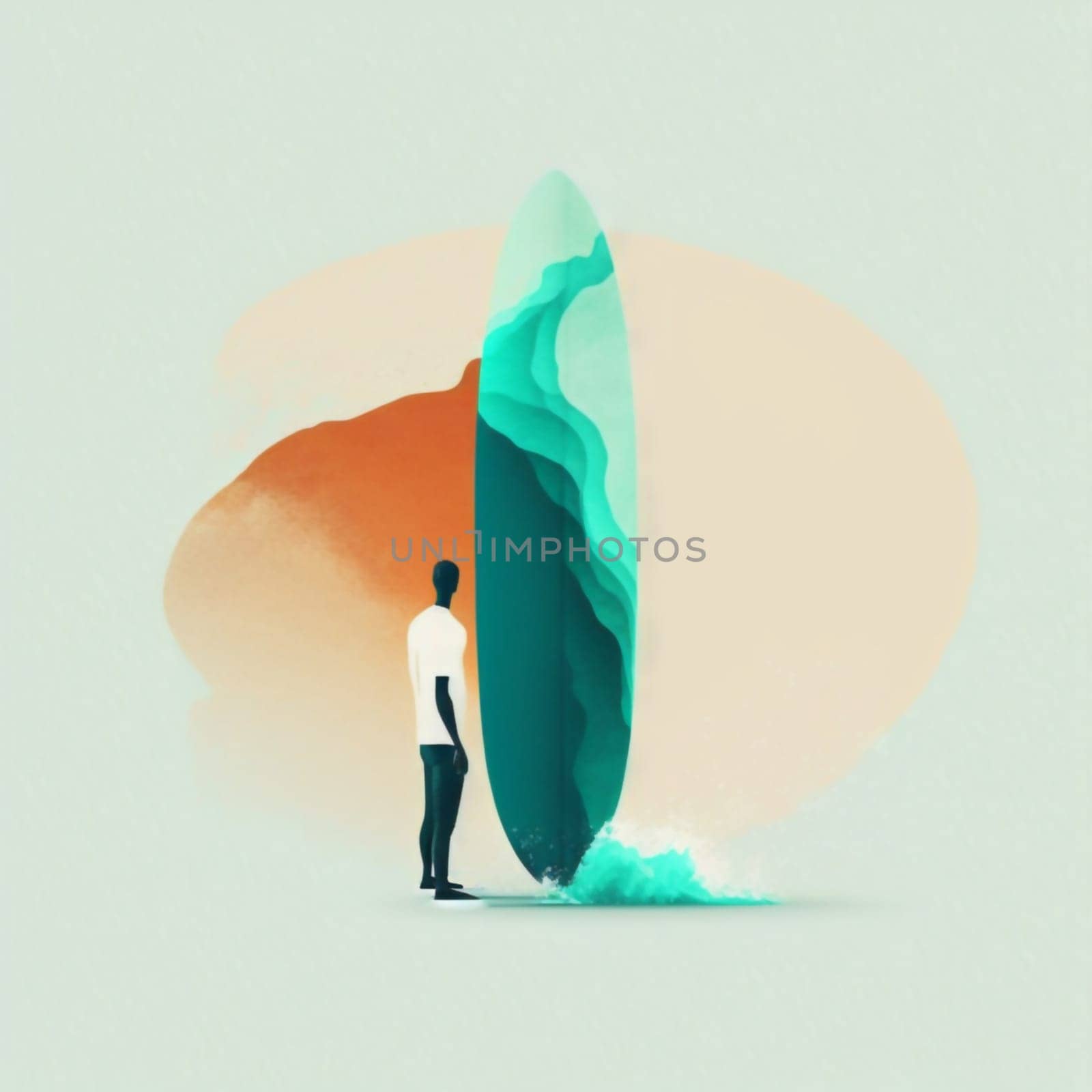 A man stands next to a surfboard, looking out to the ocean. The surfboard is green and blue, and the man is wearing a white shirt. Concept of adventure and excitement