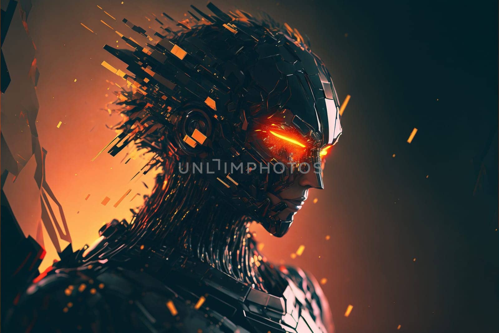 A man with a face made of metal and fire. The man's face is surrounded by sparks and flames, giving the impression of a futuristic, dystopian world. The image is a work of art, with a sense of danger