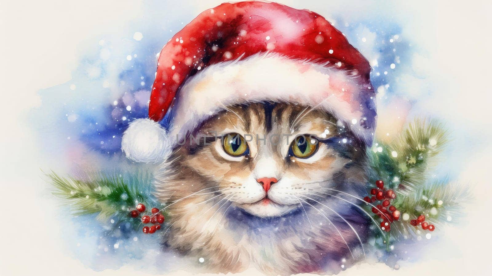 Watercolor cat portrait with a red Christmas hat in winter. Festive image of a kitten in a Santa hat with snow and trees. Postcard for Christmas and New Year holidays.