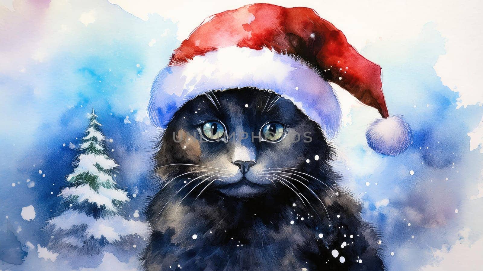 Watercolor cat portrait with a red Christmas hat in winter. Festive image of a kitten in a Santa hat with snow and trees. Postcard for Christmas and New Year holidays.