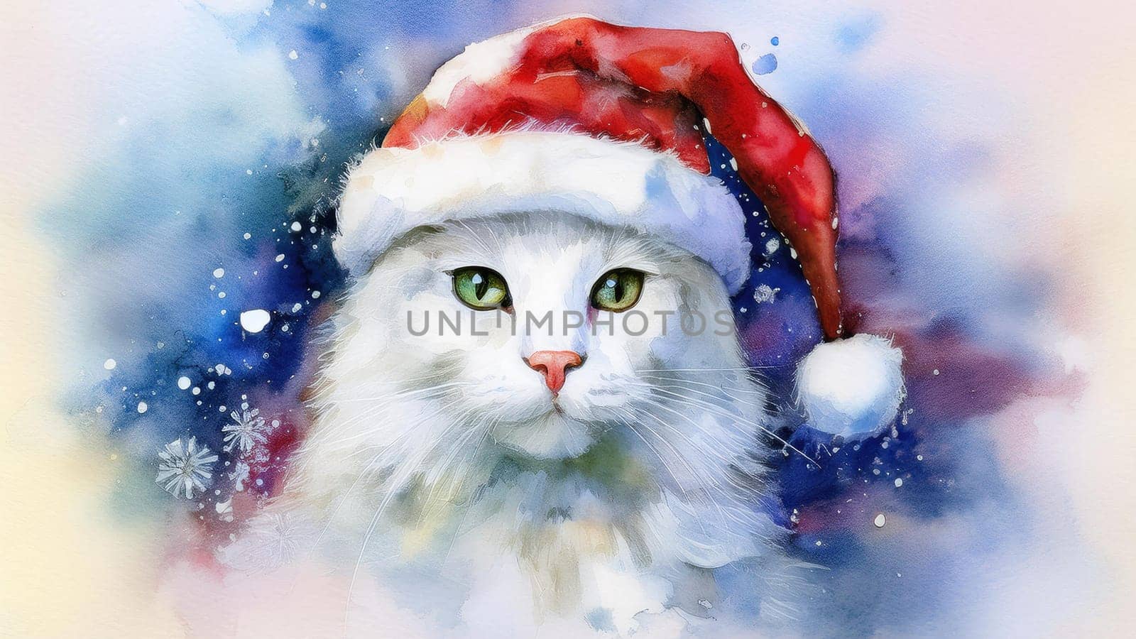 Watercolor cat portrait with a red Christmas hat in winter. Festive image of a kitten in a Santa hat with snow and trees. Postcard for Christmas and New Year holidays.