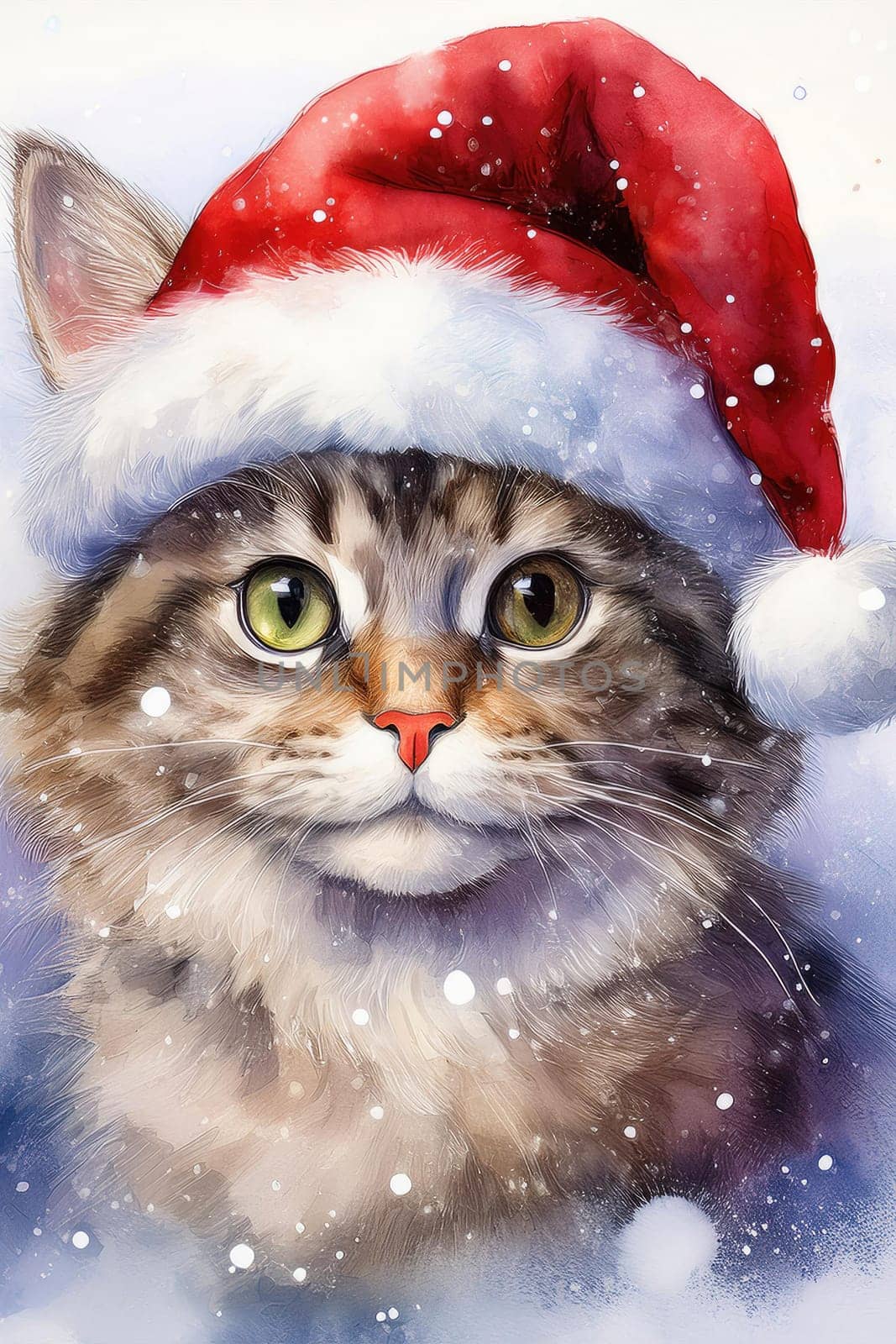 Watercolor cat portrait with a red Christmas hat in winter. Festive image of a kitten in a Santa hat with snow and trees. Postcard for Christmas and New Year holidays.
