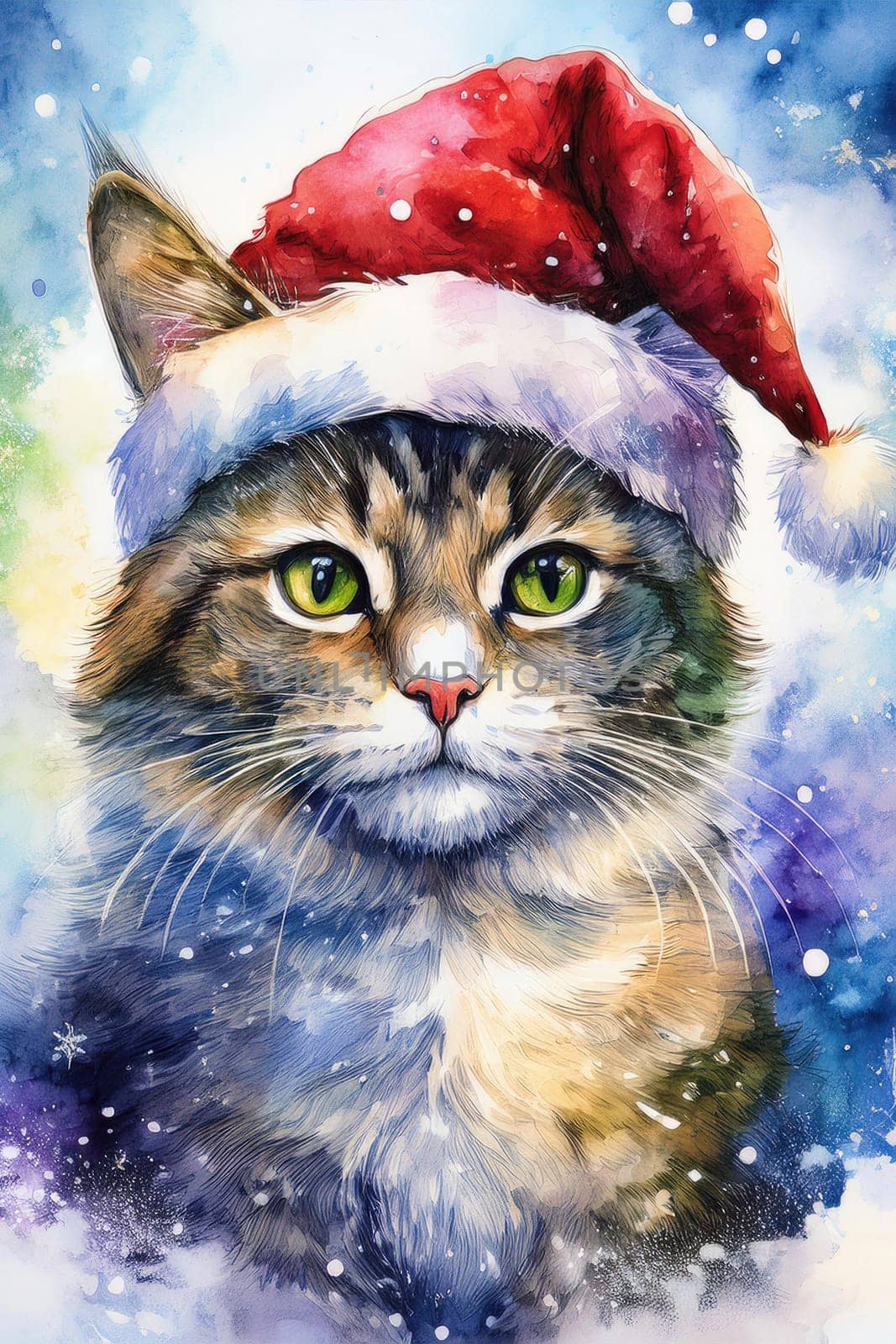 Watercolor cat portrait with a red Christmas hat in winter. Festive image of a kitten in a Santa hat with snow and trees. Postcard for Christmas and New Year holidays.