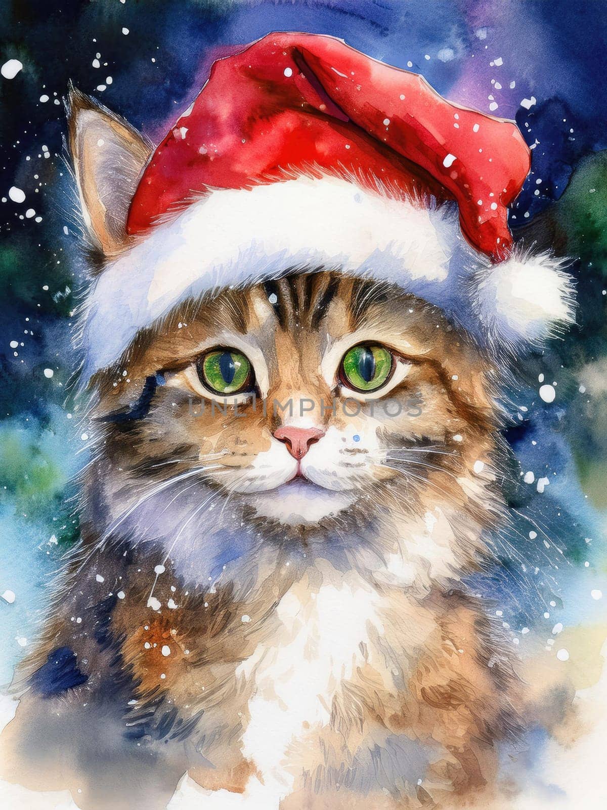 Watercolor cat portrait with a red Christmas hat in winter. Festive image of a kitten in a Santa hat with snow and trees. Postcard for Christmas and New Year holidays.