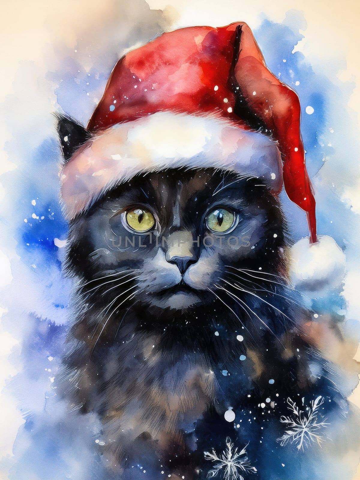 Watercolor cat portrait with a red Christmas hat in winter. Festive image of a kitten in a Santa hat with snow and trees. Postcard for Christmas and New Year holidays.
