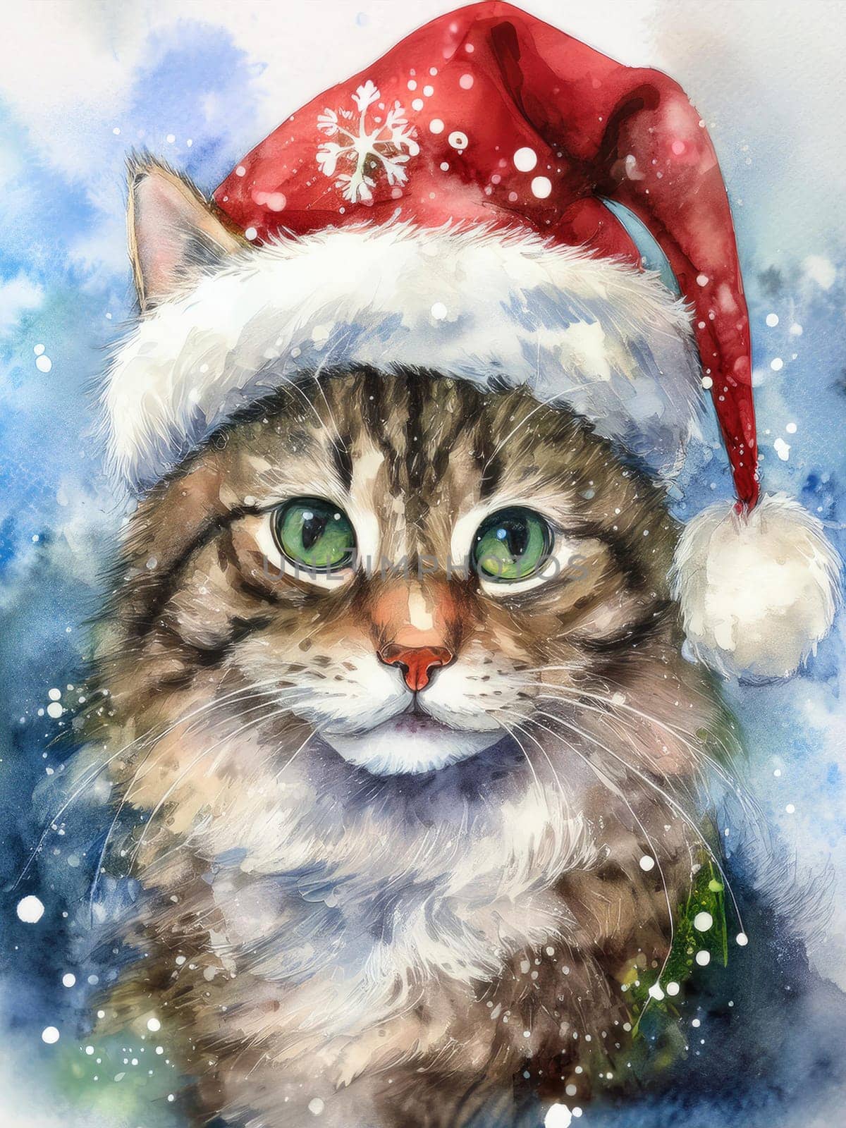 Watercolor cat portrait with a red Christmas hat in winter. Festive image of a kitten in a Santa hat with snow and trees. Postcard for Christmas and New Year holidays.
