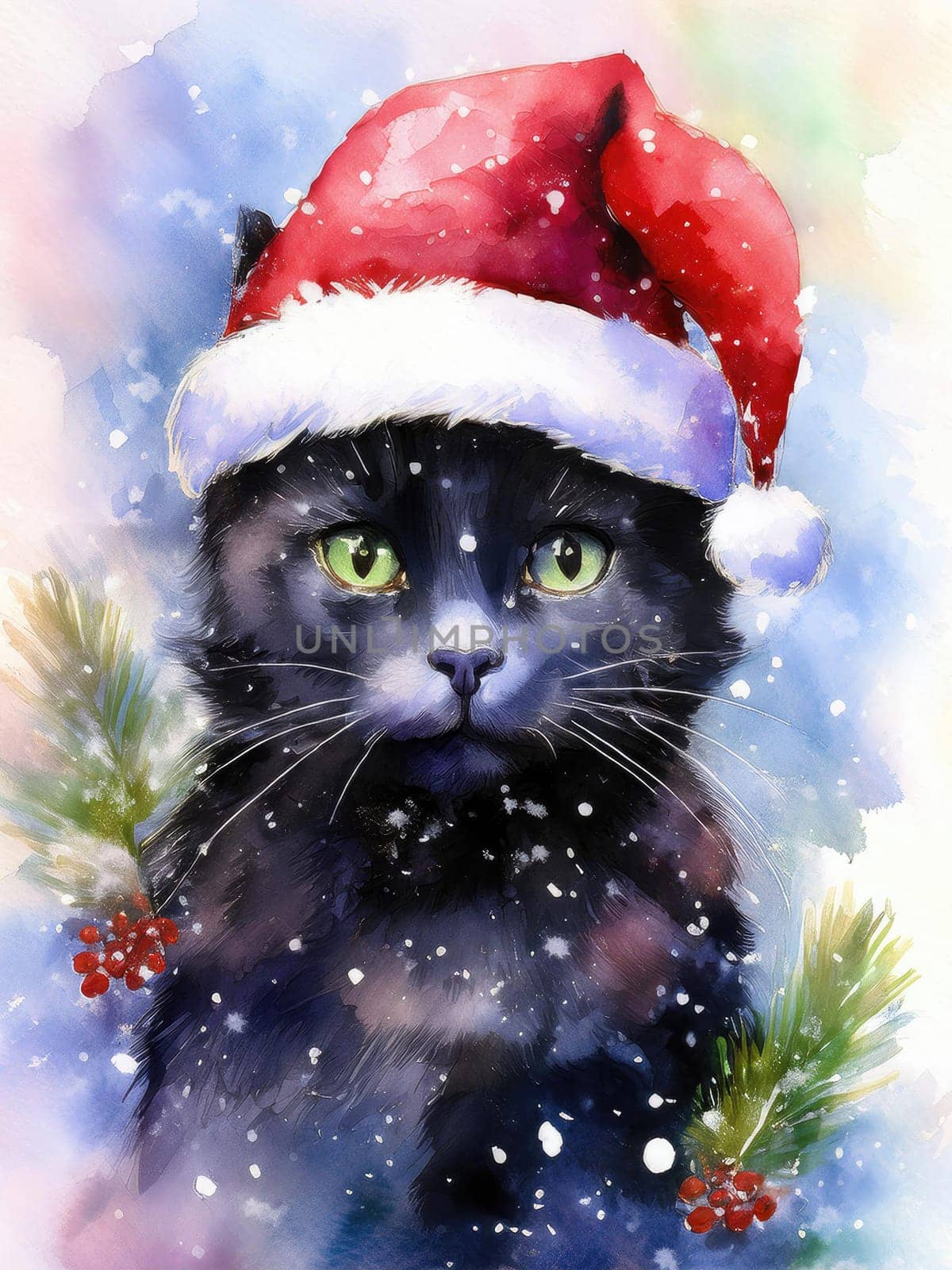 Watercolor cat portrait with a red Christmas hat in winter. Festive image of a kitten in a Santa hat with snow and trees. Postcard for Christmas and New Year holidays.