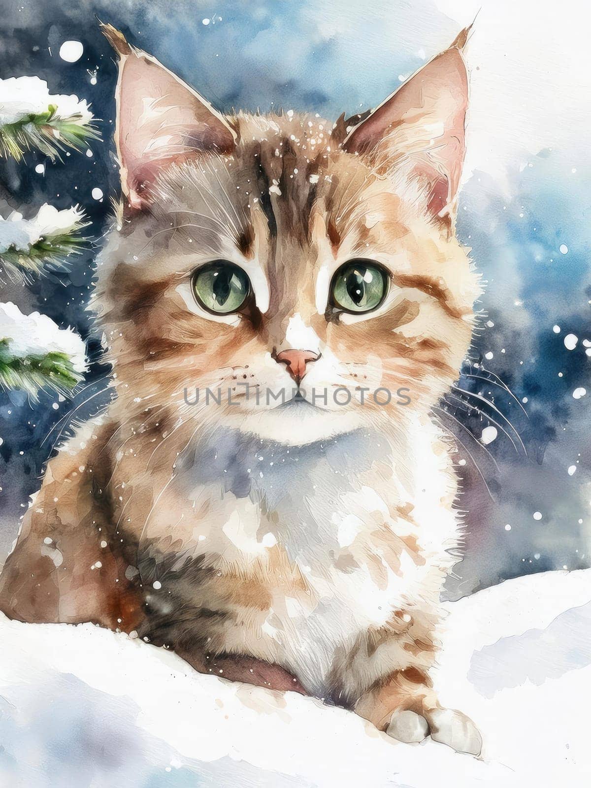 Winter watercolor postcard of a cute cat surrounded by snowflakes. Fluffy feline gazes in a wintery scene with falling snow.