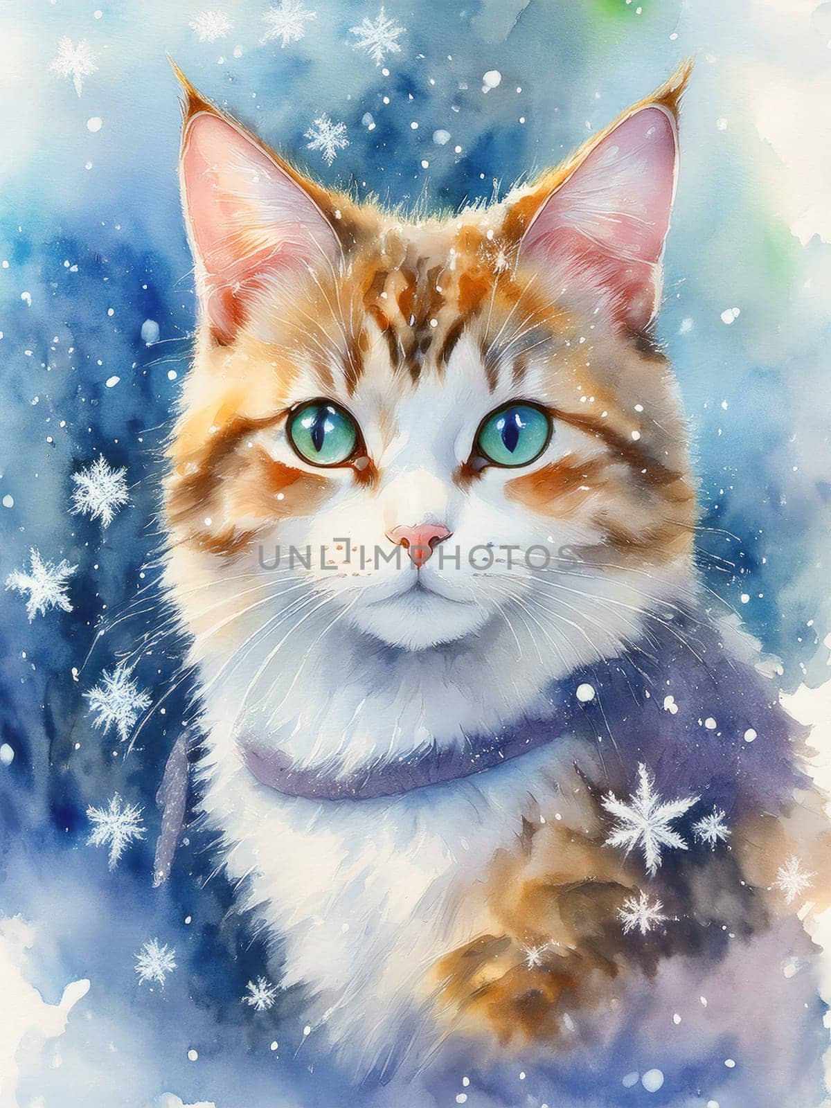 Winter watercolor postcard of a cute cat surrounded by snowflakes. Fluffy feline gazes in a wintery scene with falling snow.
