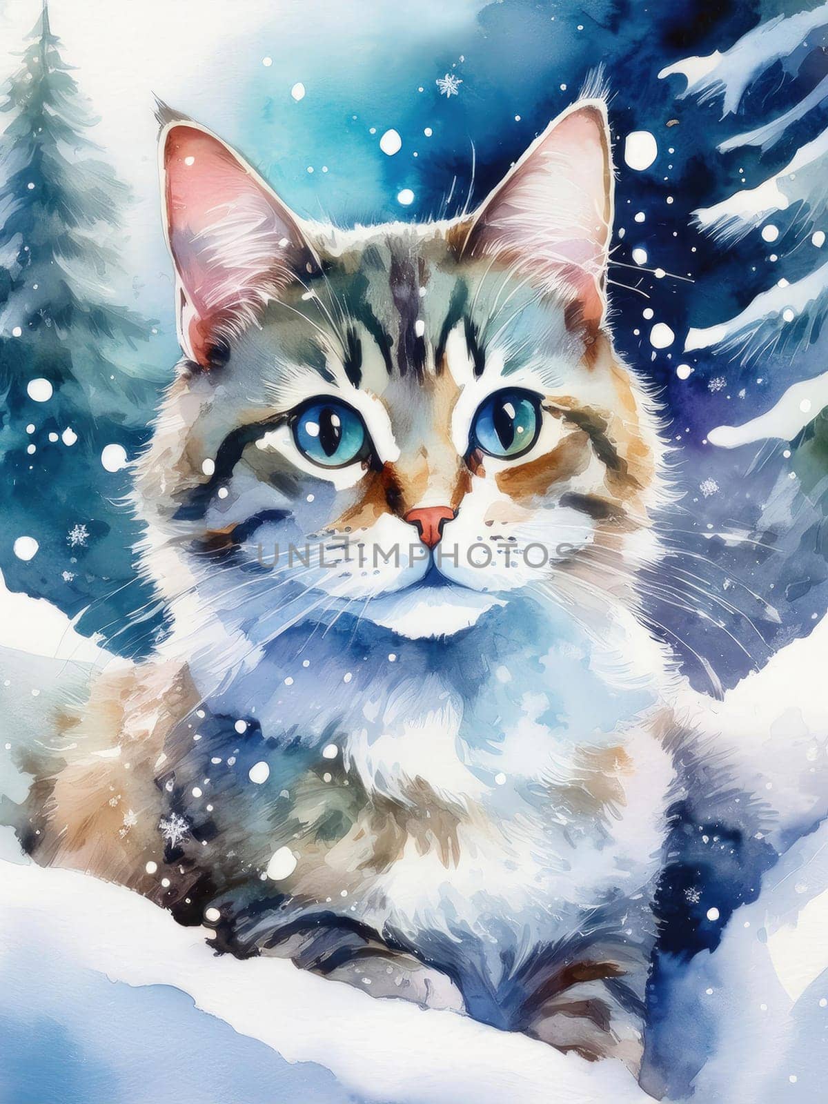 Winter watercolor postcard of a cute cat surrounded by snowflakes. Fluffy feline gazes in a wintery scene with falling snow.