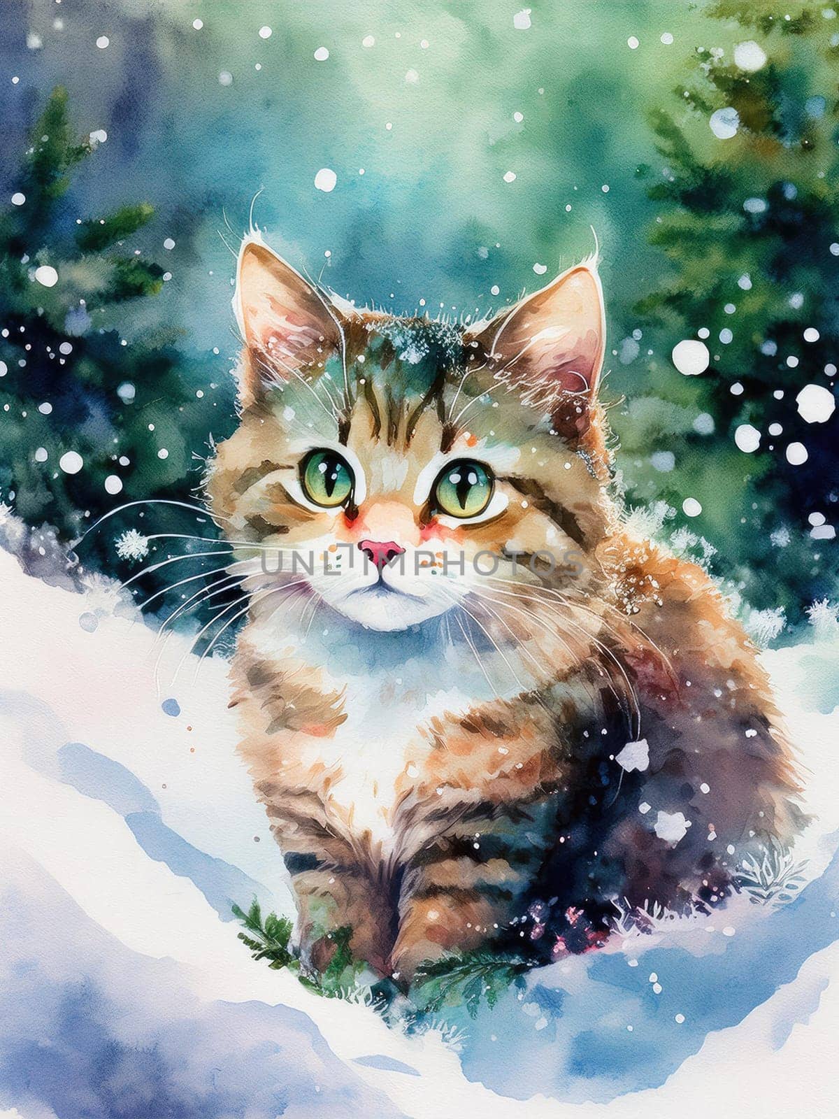 Winter watercolor postcard of a cute cat surrounded by snowflakes. Fluffy feline gazes in a wintery scene with falling snow.