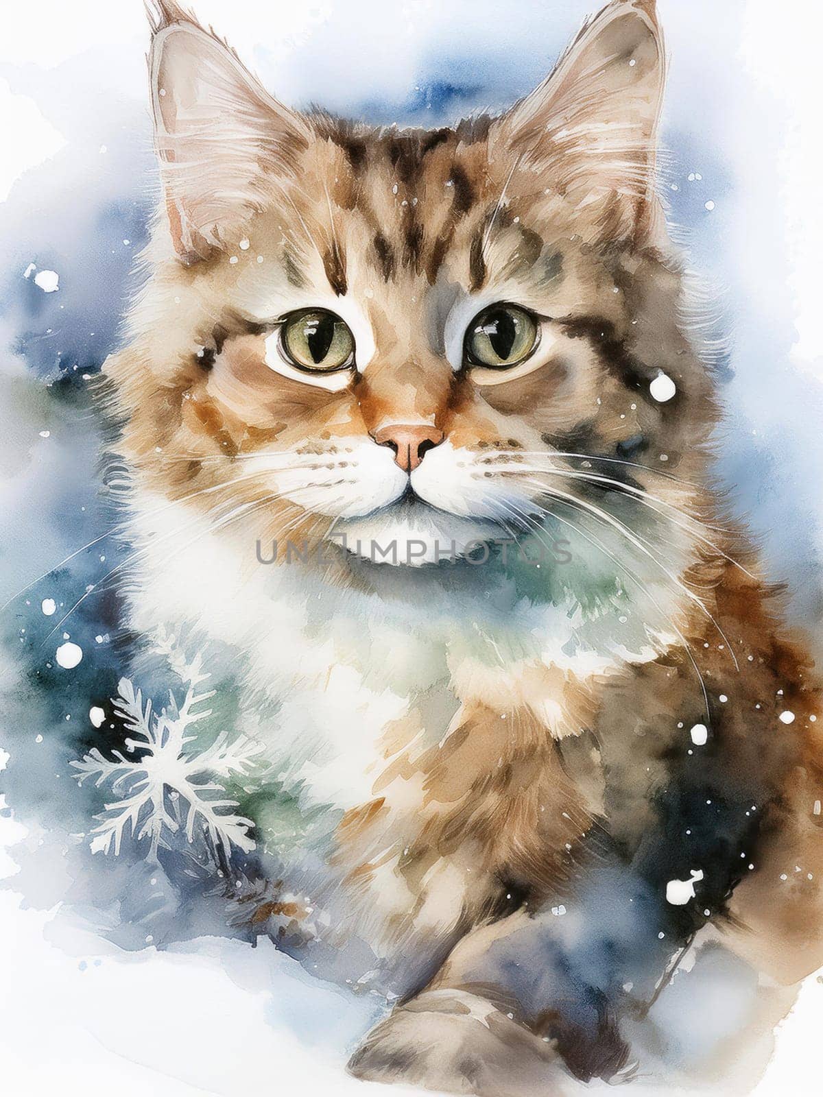Winter watercolor postcard of a cute cat surrounded by snowflakes. Fluffy feline gazes in a wintery scene with falling snow.