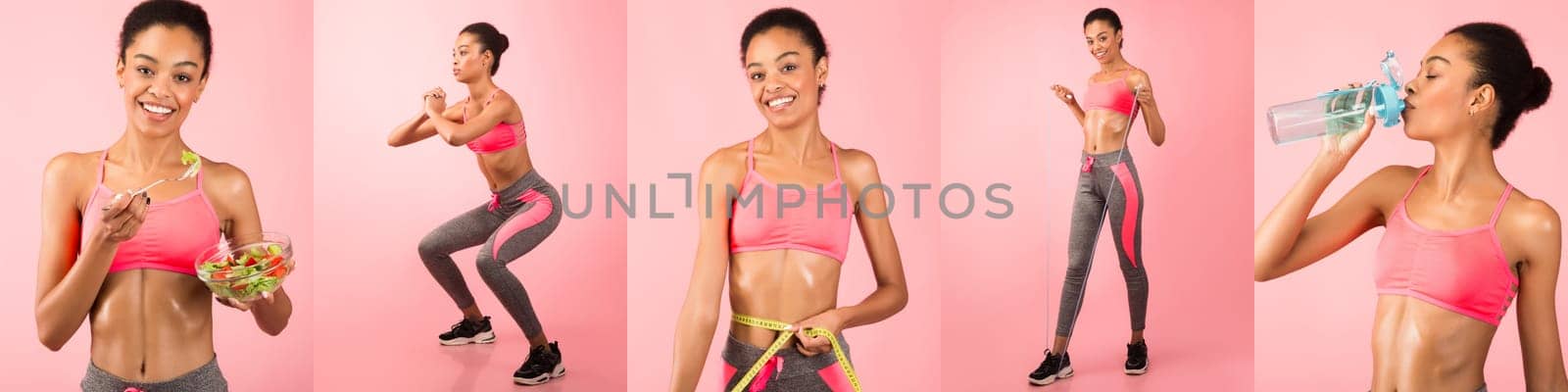 A young woman is smiling while juggling various health-related activities, including exercising, eating a salad, and hydrating. The bright pink backdrop enhances the lively atmosphere of wellness.