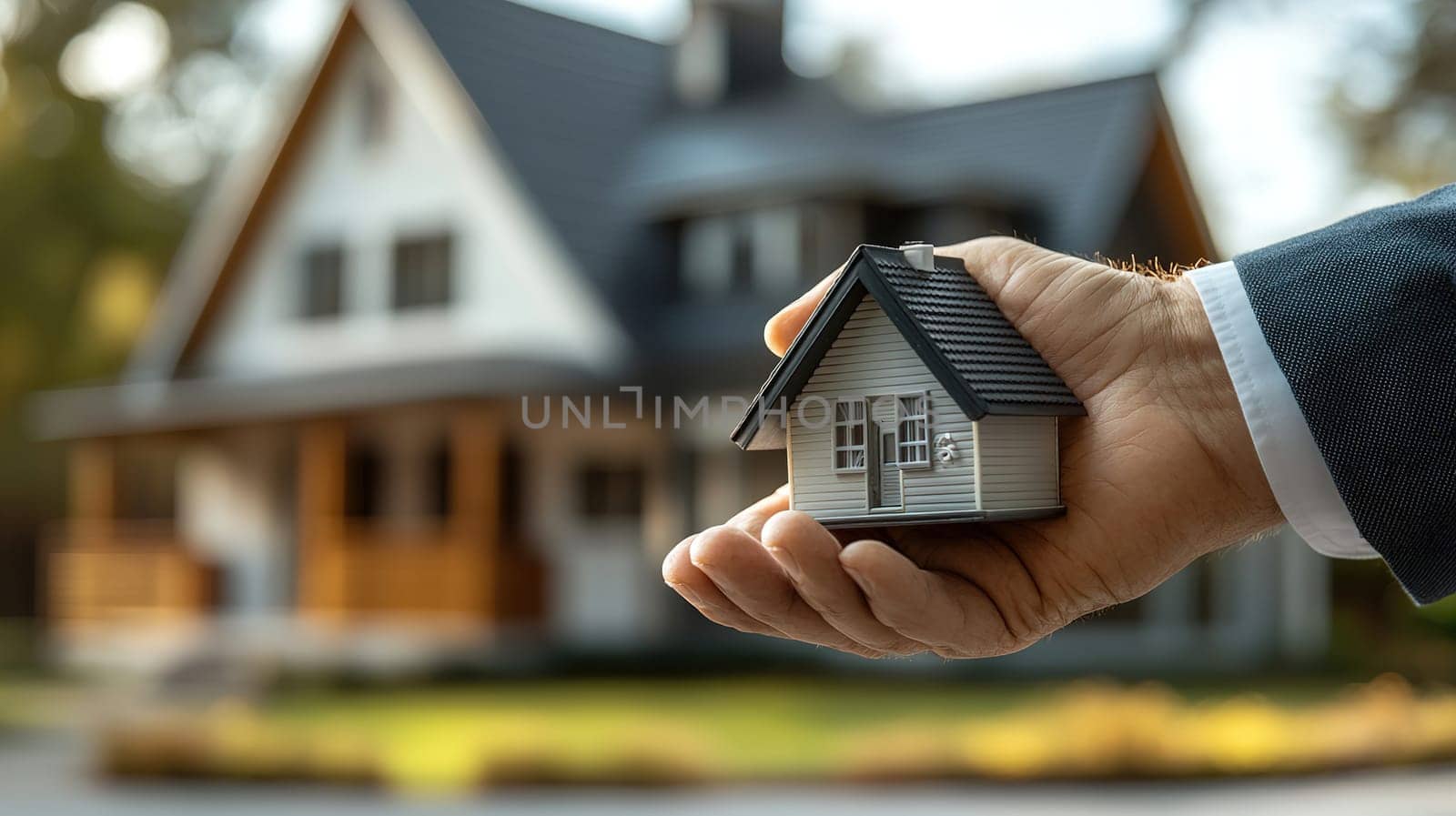 A person holds a small model house, symbolizing home ownership, in front of a large, modern house with a well-maintained garden amid bright daylight.