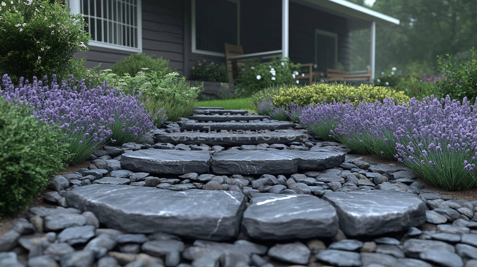 A stone pathway lined with lavender leads to a cozy house. The garden is vibrant with various plants, creating a serene and inviting atmosphere.