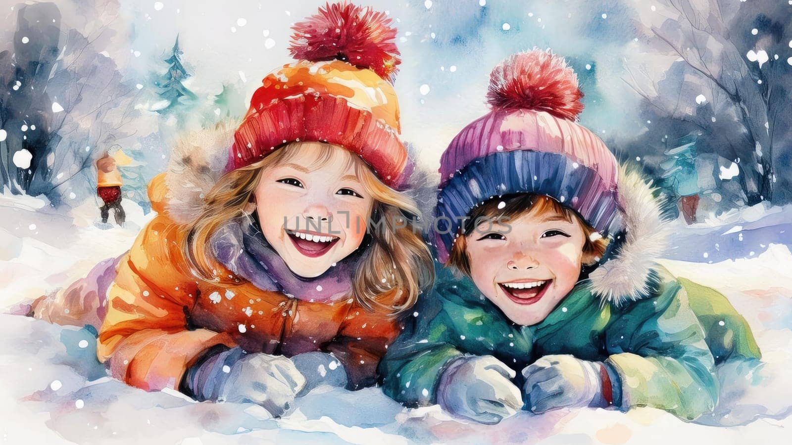 Watercolour drawing with children playing in the snow. Holiday card in retro style with New Year winter mood 