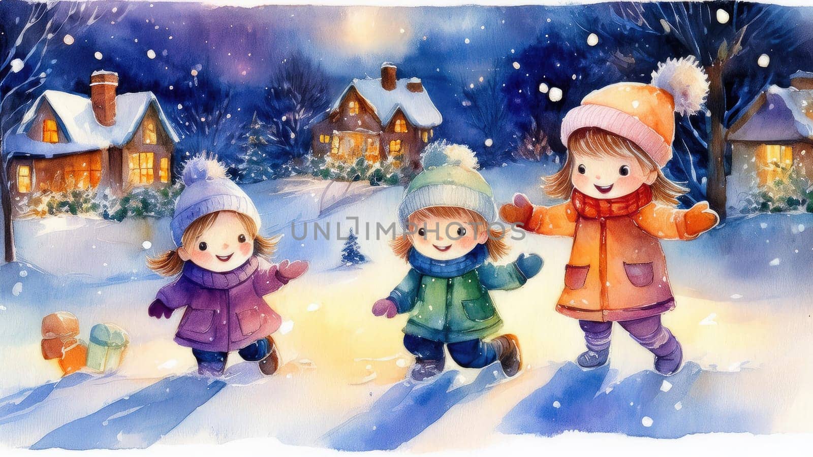 Watercolour drawing with children playing in the snow. Holiday card in retro style with New Year winter mood 