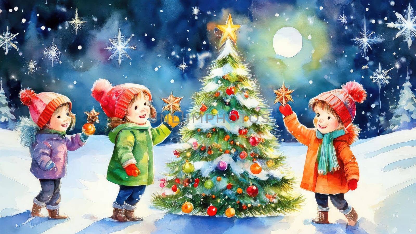 Watercolour drawing with children playing in the snow. Holiday card in retro style with New Year winter mood 