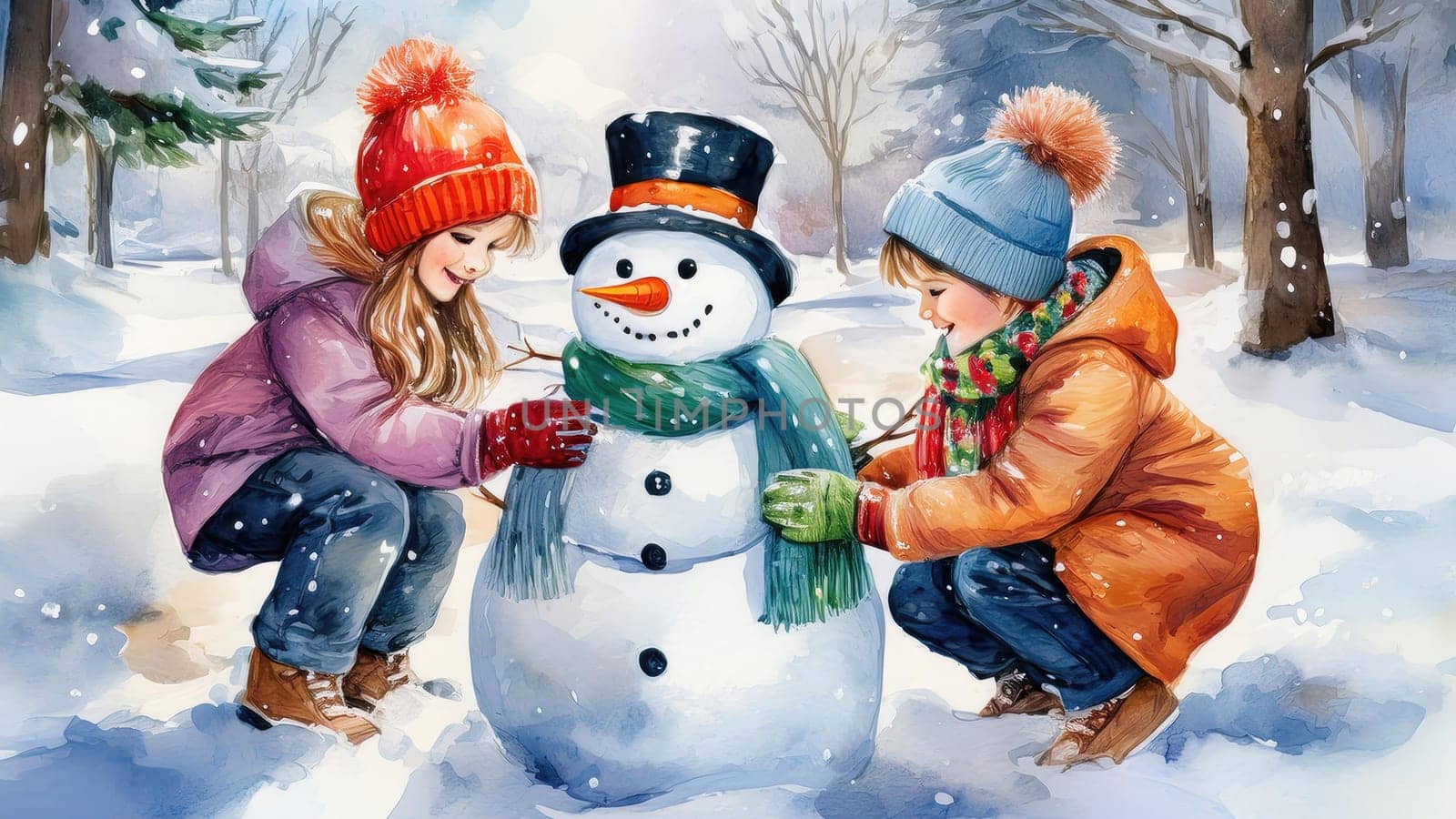 Watercolour drawing with children playing in the snow. Holiday card in retro style with New Year winter mood 