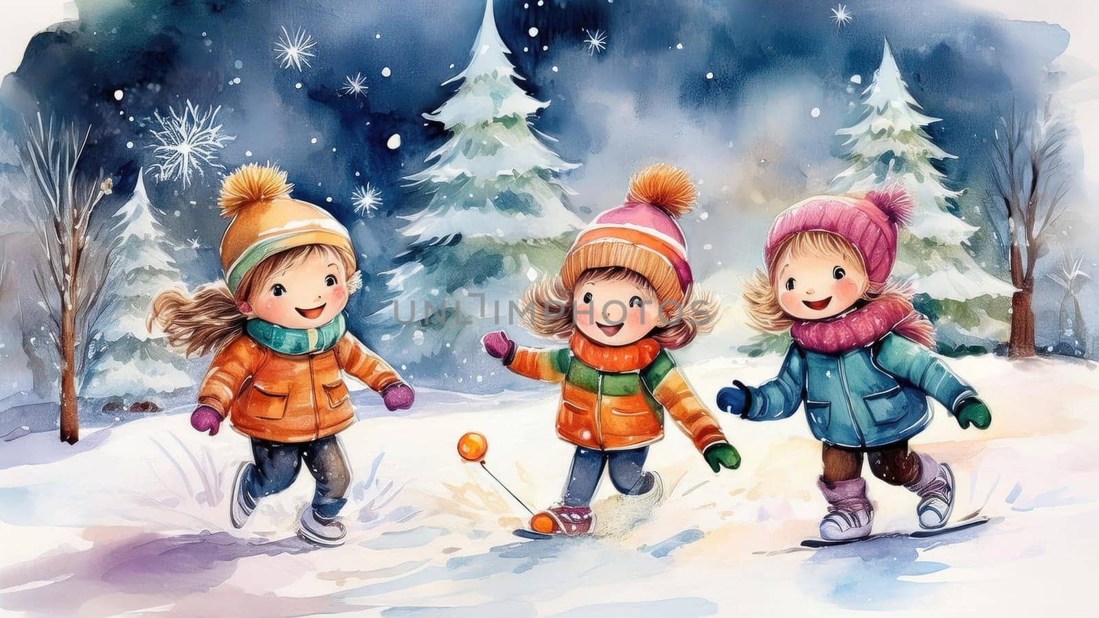 Watercolour drawing with children playing in the snow. Holiday card in retro style with New Year winter mood 