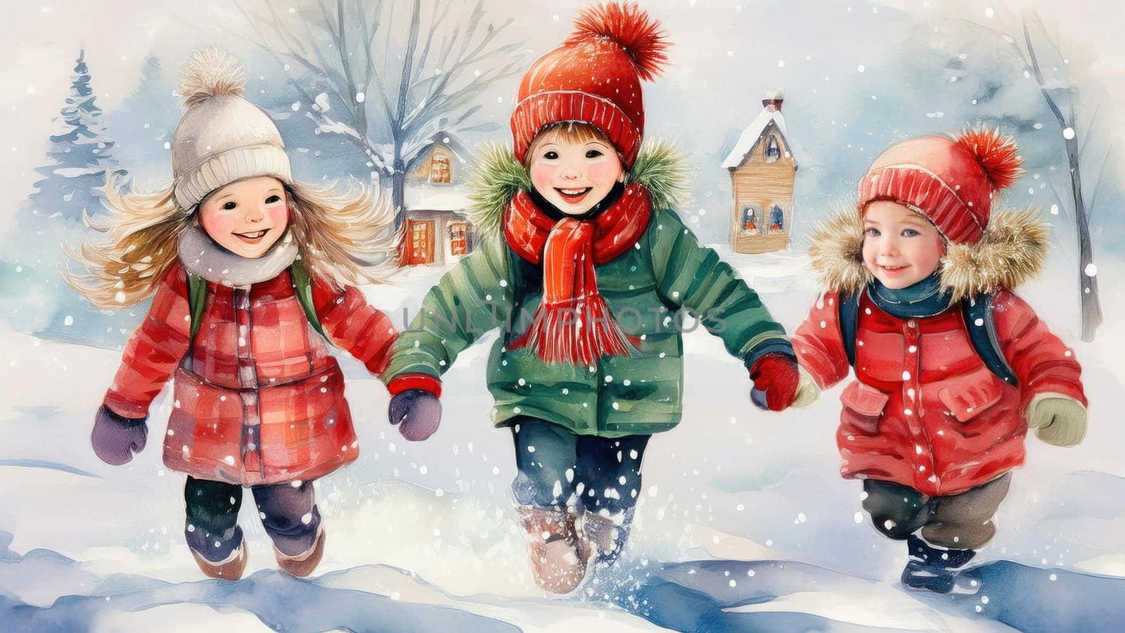 Watercolour drawing with children playing in the snow. Holiday card in retro style with New Year winter mood 