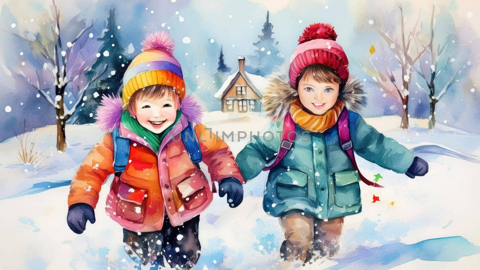 Watercolour drawing with children playing in the snow. Holiday card in retro style with New Year winter mood 