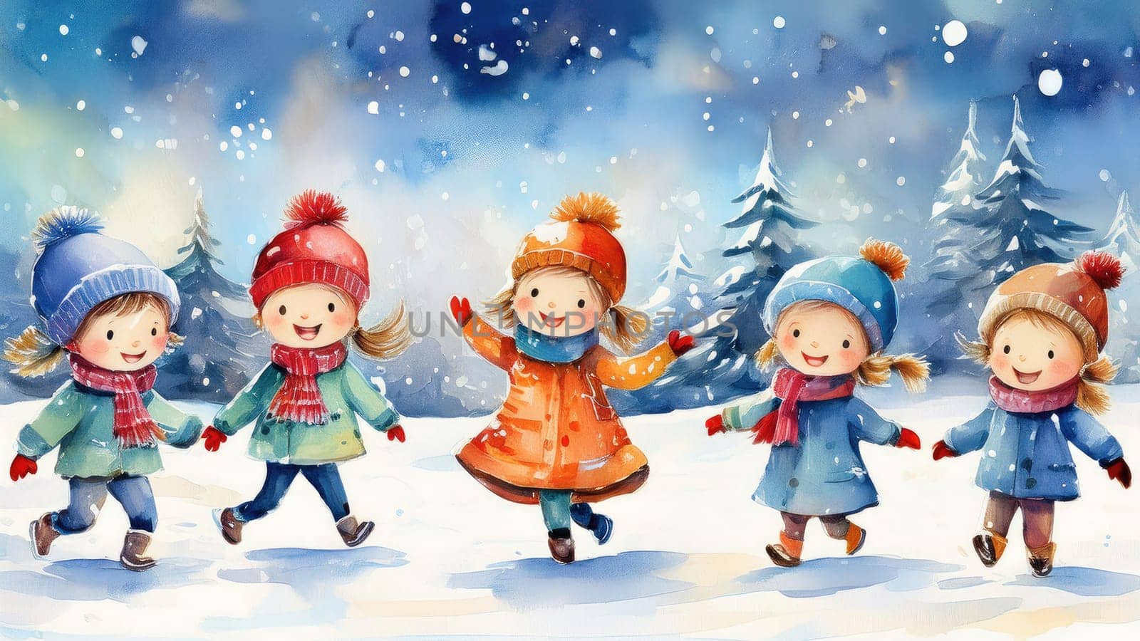 Watercolour drawing with children playing in the snow. Holiday card in retro style with New Year winter mood 