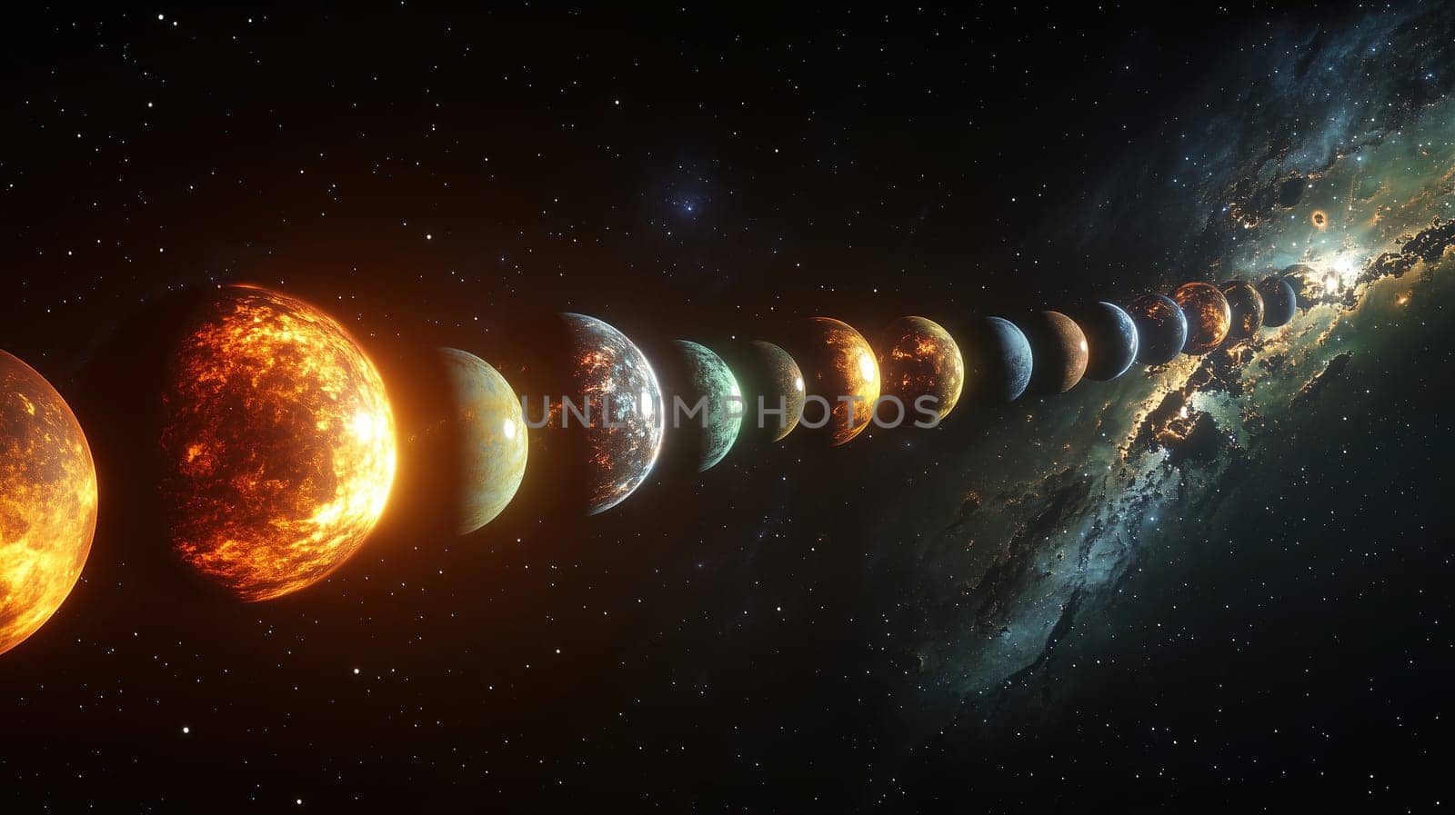 This striking representation highlights the planets of our solar system in a line, each with distinct colors and features, set against a starry universe.