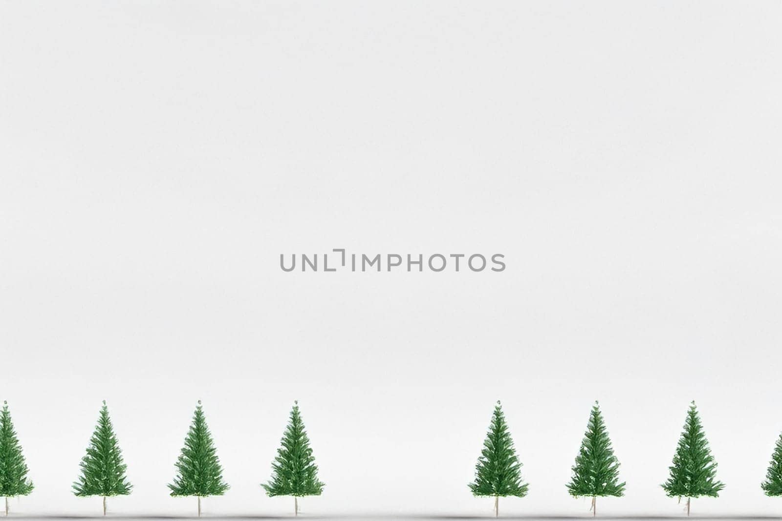 A simple and clean image featuring a row of small green Christmas trees against a plain white background, evoking feelings of minimalism and holiday cheer. ai generated