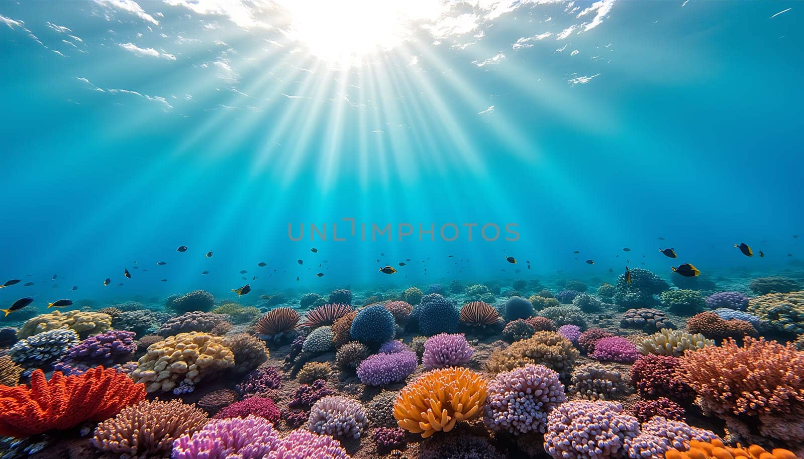 A colorful coral reef with many different types of fish swimming around. The sun is shining brightly, creating a warm and inviting atmosphere