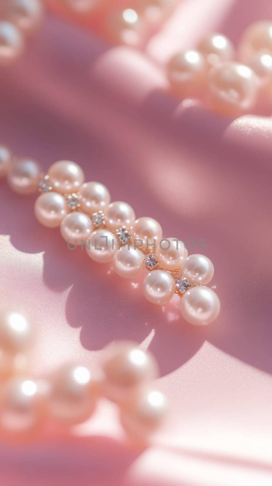 Pearl jewelry on pink satin with soft lighting, elegance and luxury concept.