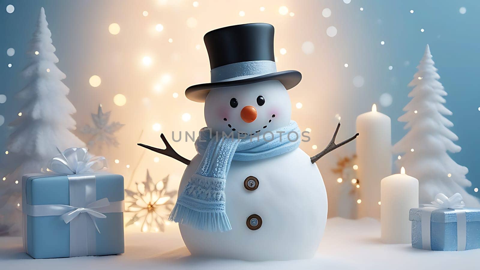 A snowman with a blue scarf and a black hat stands in front of a Christmas tree. The scene is set in a snowy landscape, with a blue box and a white box nearby. Scene is festive and joyful