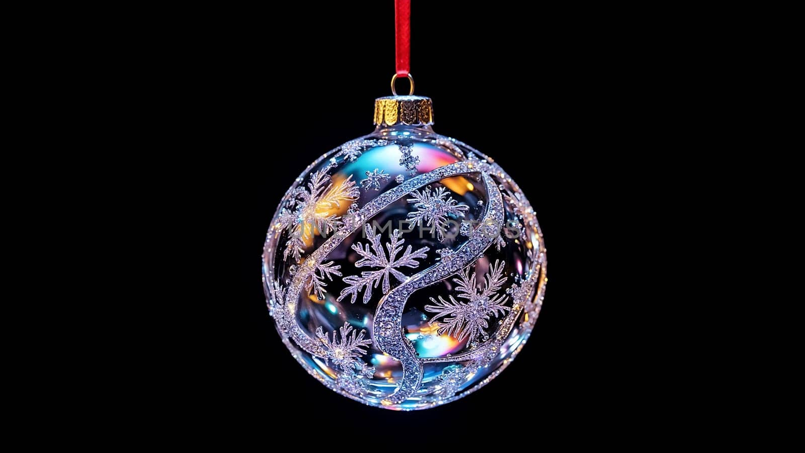 A clear glass ornament with snowflakes on it. The ornament is hanging from a red ribbon