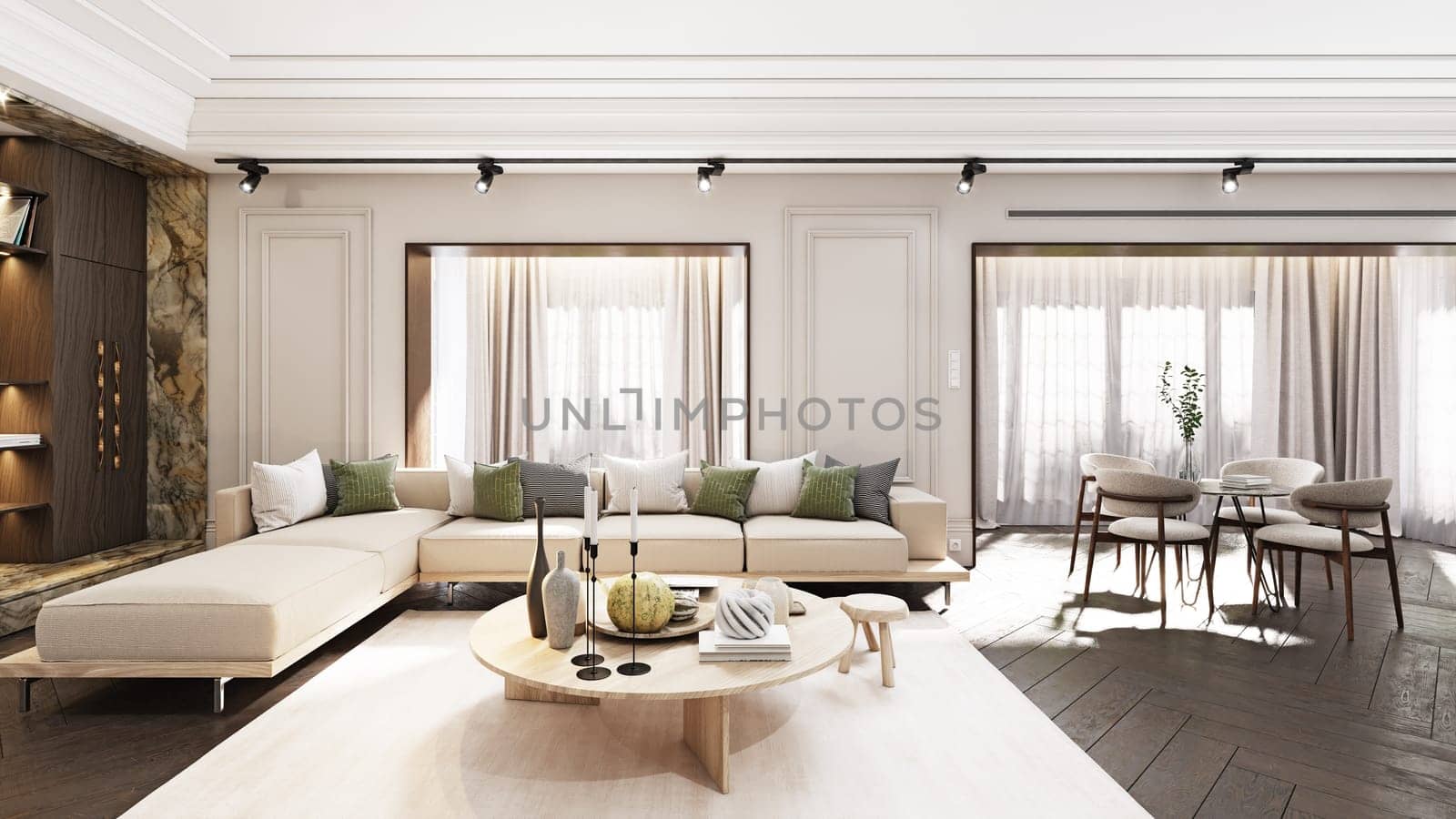 Elegant living room with modern furniture, warm lighting, and wooden floor. 3d render